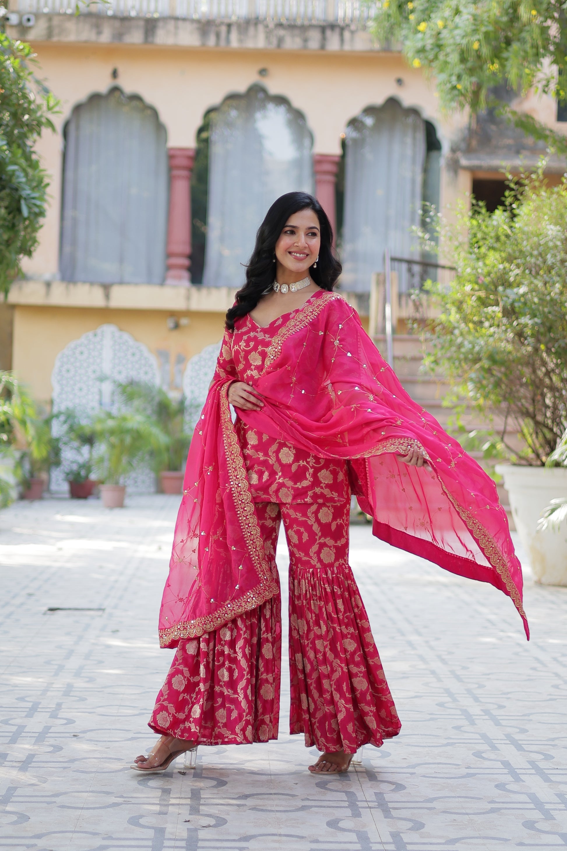 Triya Pink Viscose Georgette Jacquard Kurti Gharara Set