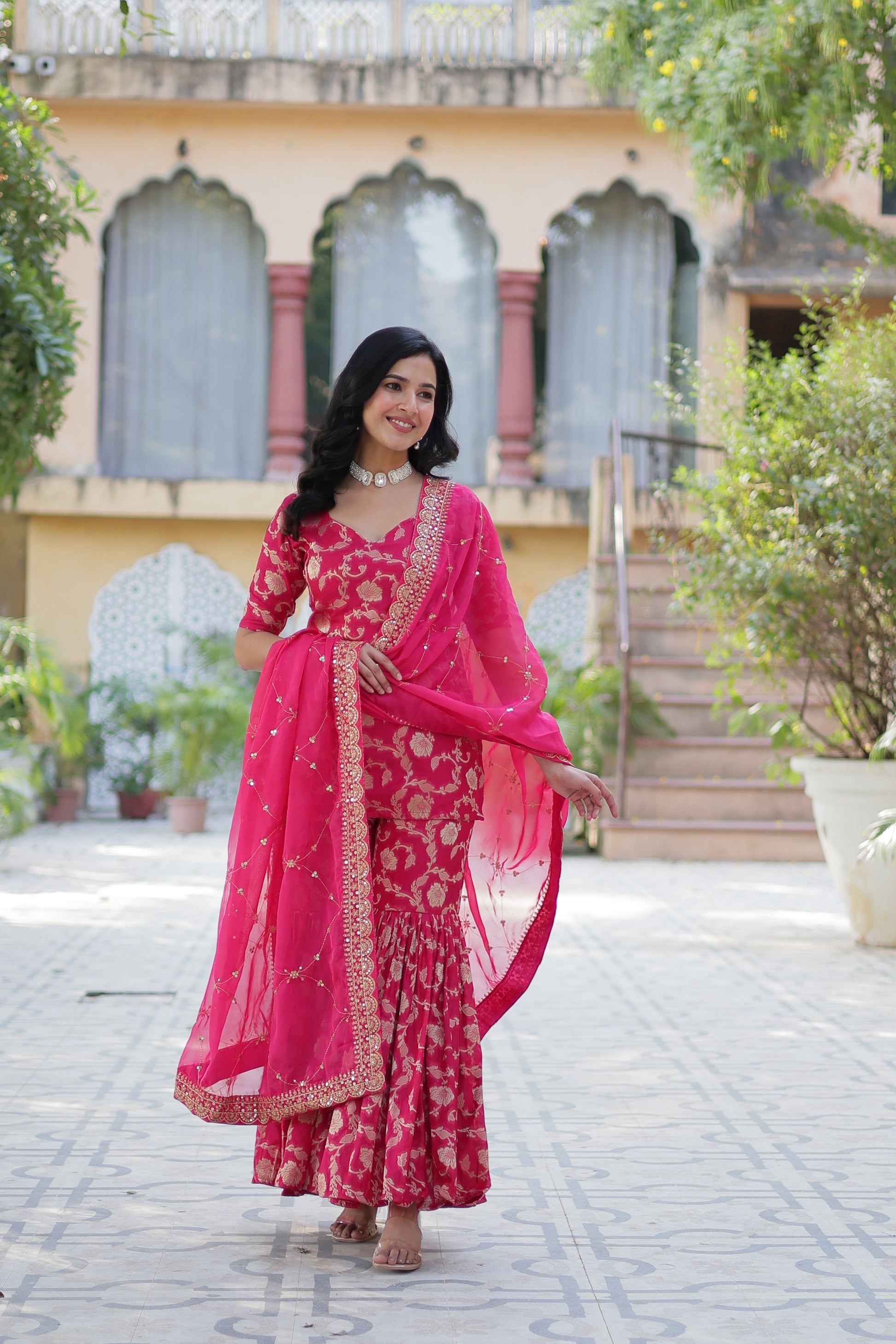 Triya Pink Viscose Georgette Jacquard Kurti Gharara Set