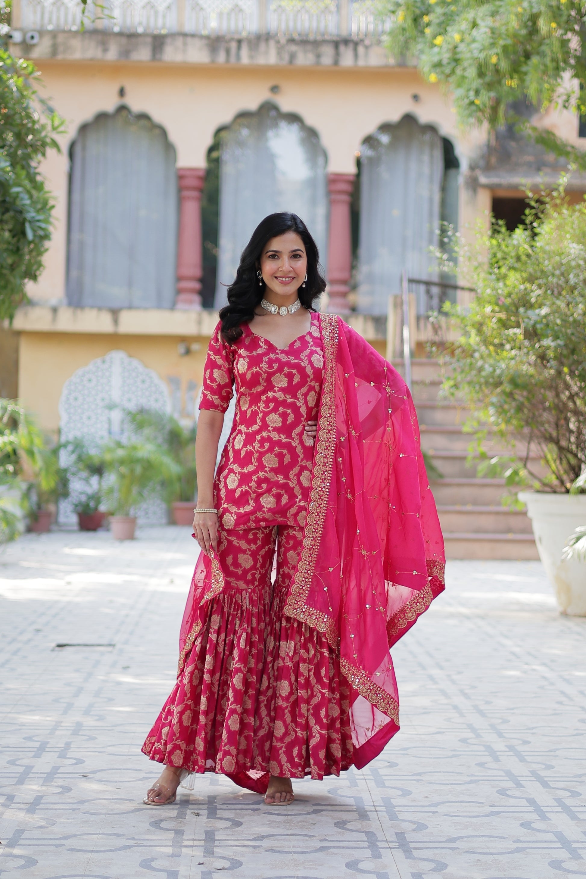 Triya Pink Viscose Georgette Jacquard Kurti Gharara Set