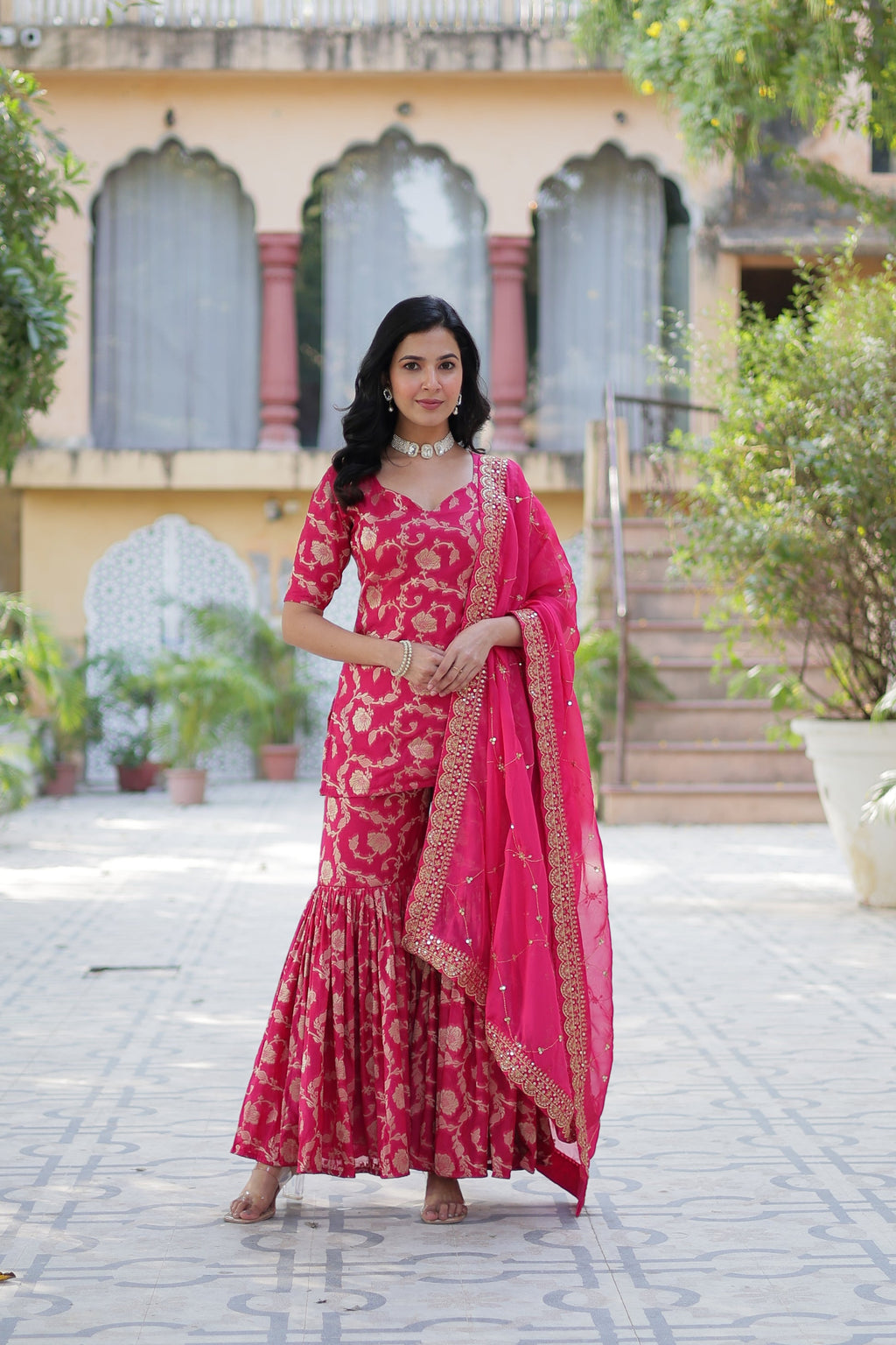 Triya Pink Viscose Georgette Jacquard Kurti Gharara Set