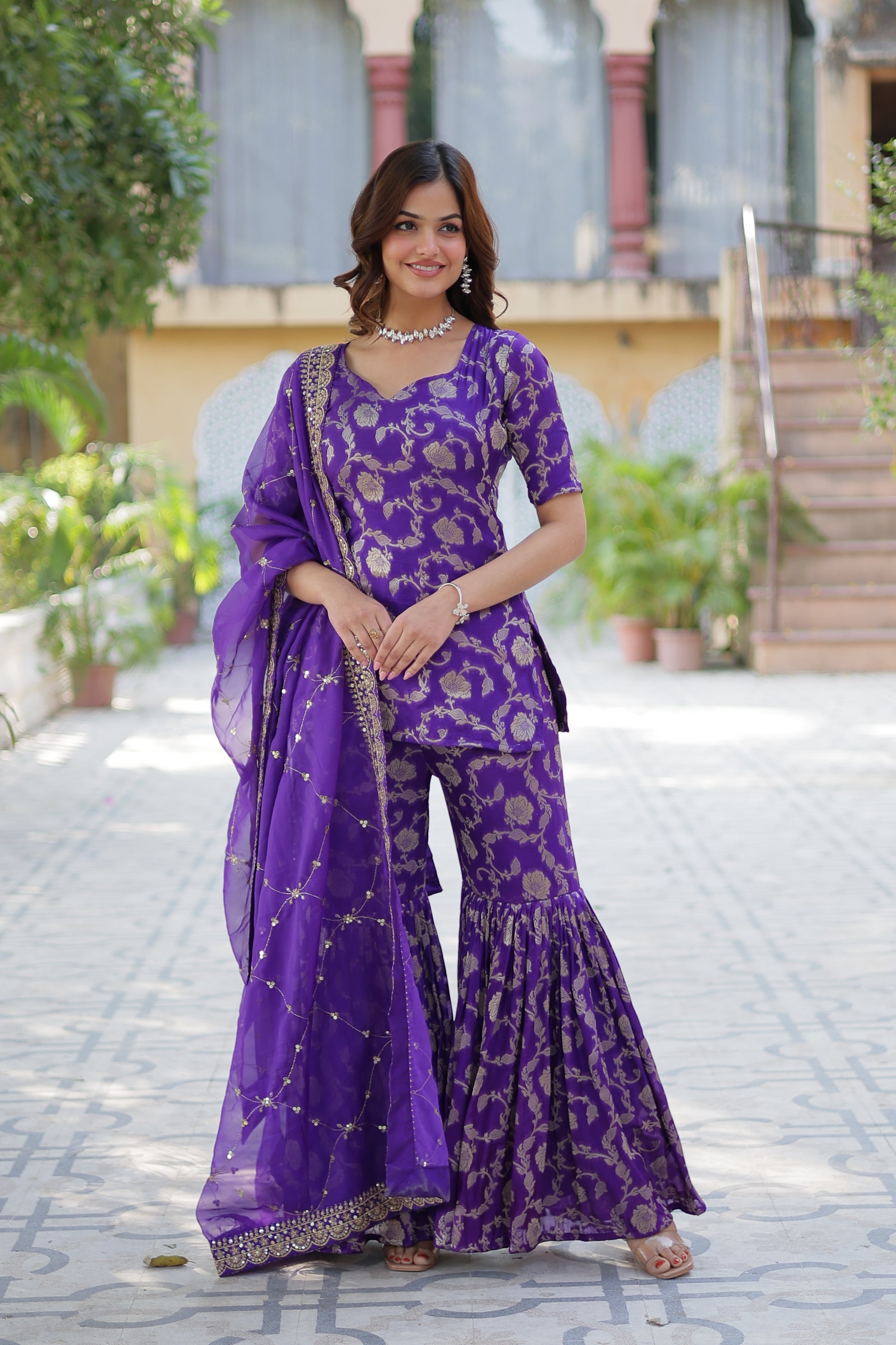 Triya Purple Viscose Georgette Jacquard Kurti Gharara Set