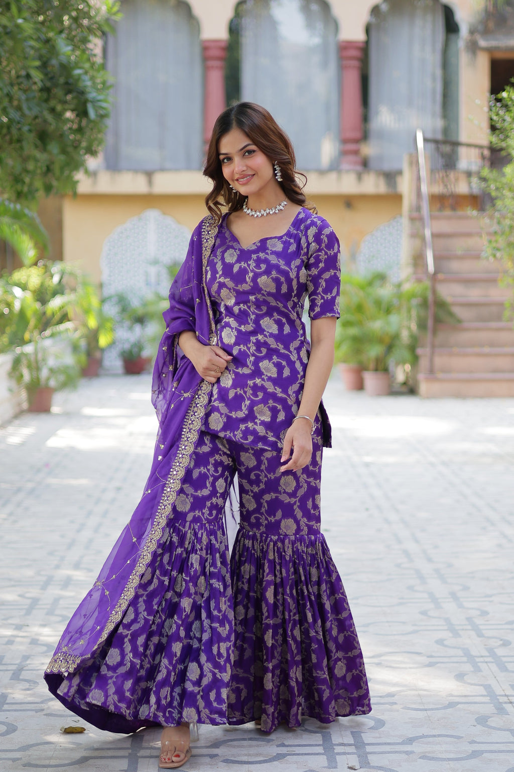 Triya Purple Viscose Georgette Jacquard Kurti Gharara Set