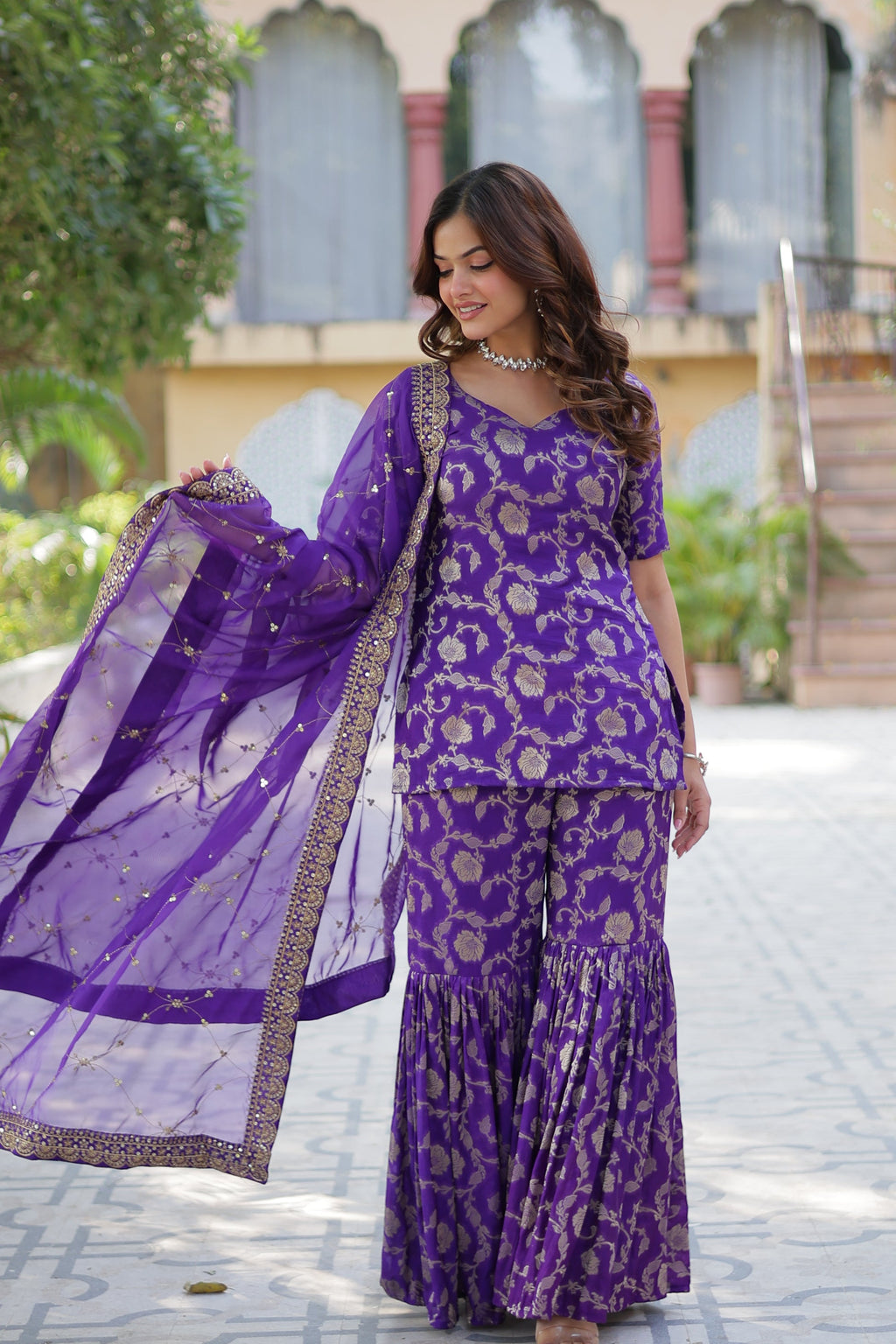 Triya Purple Viscose Georgette Jacquard Kurti Gharara Set
