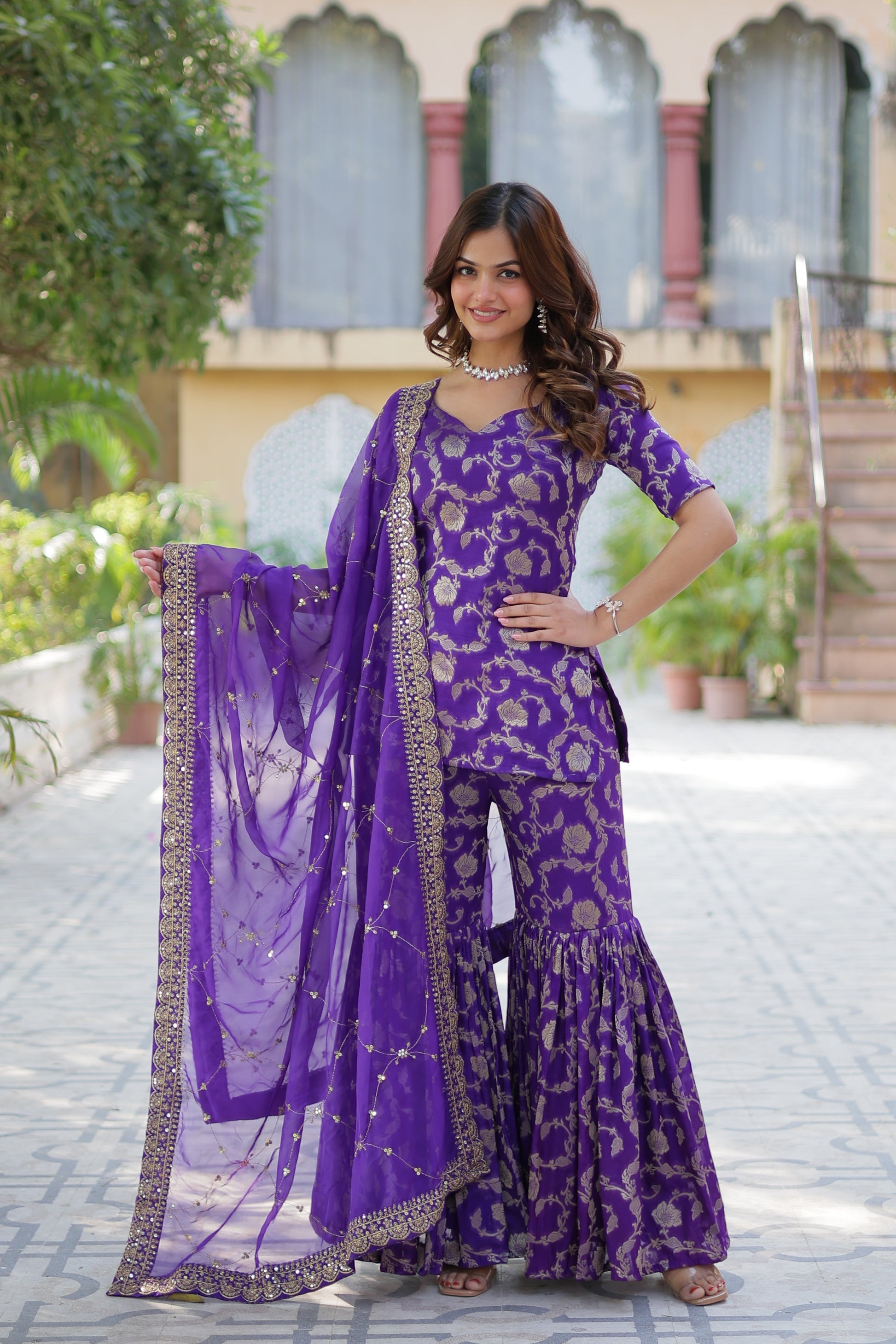 Triya Purple Viscose Georgette Jacquard Kurti Gharara Set