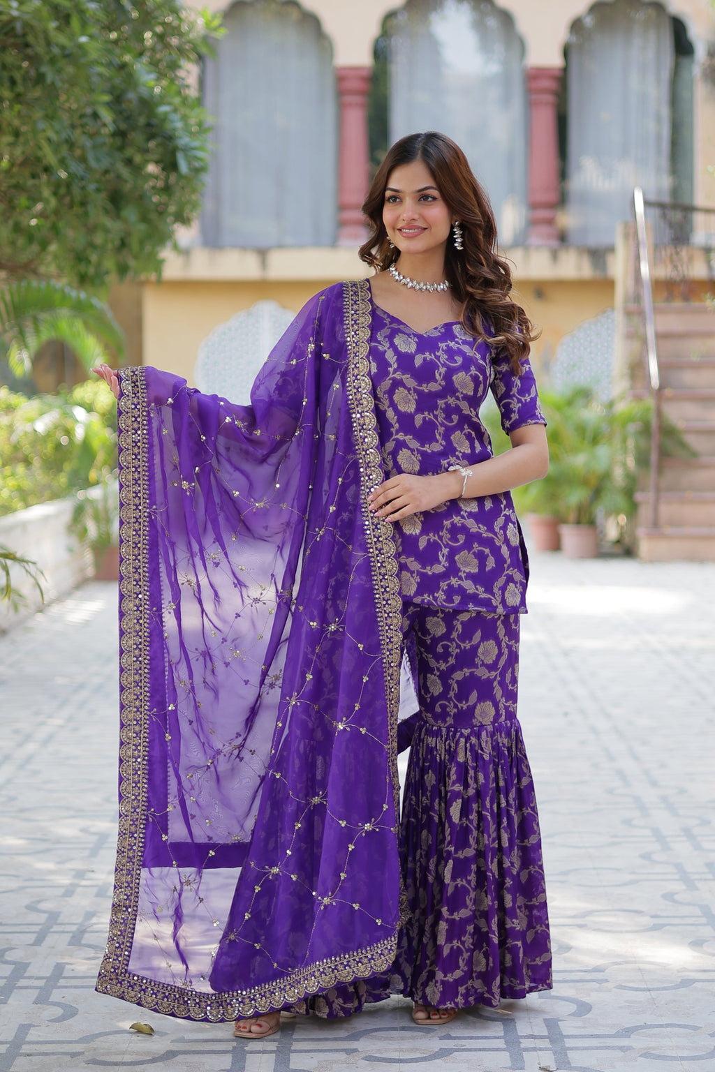 Triya Purple Viscose Georgette Jacquard Kurti Gharara Set