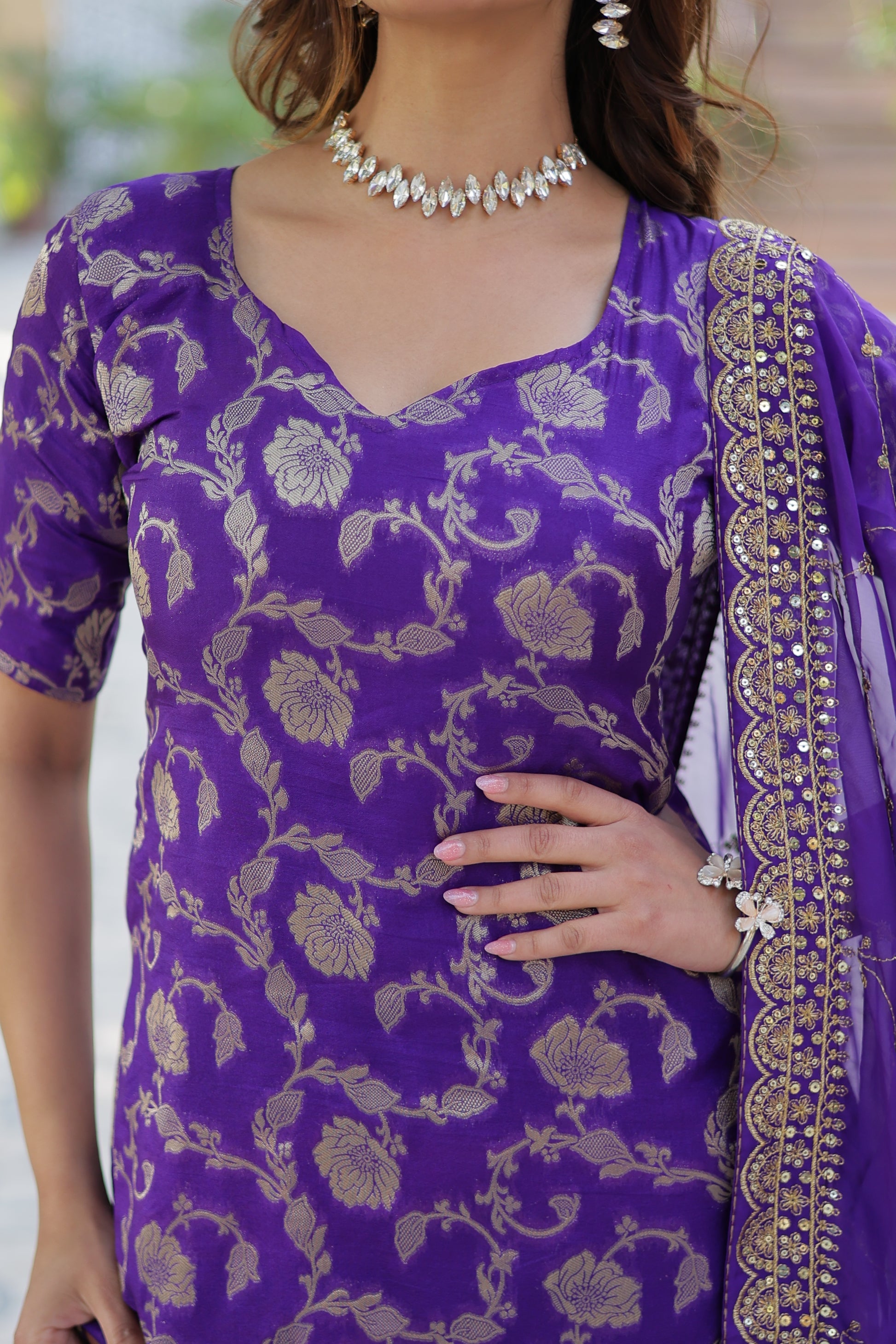 Triya Purple Viscose Georgette Jacquard Kurti Gharara Set