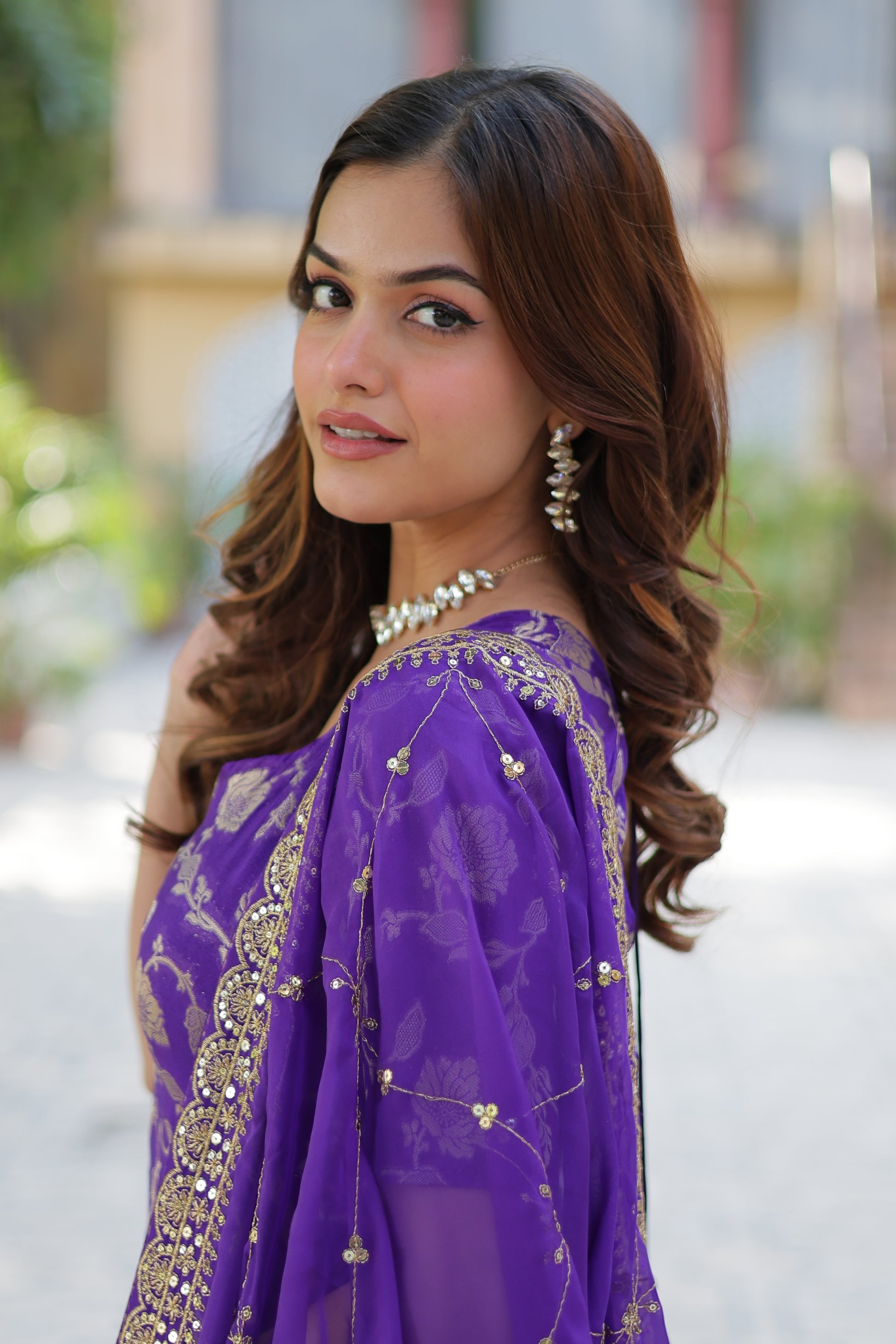 Triya Purple Viscose Georgette Jacquard Kurti Gharara Set