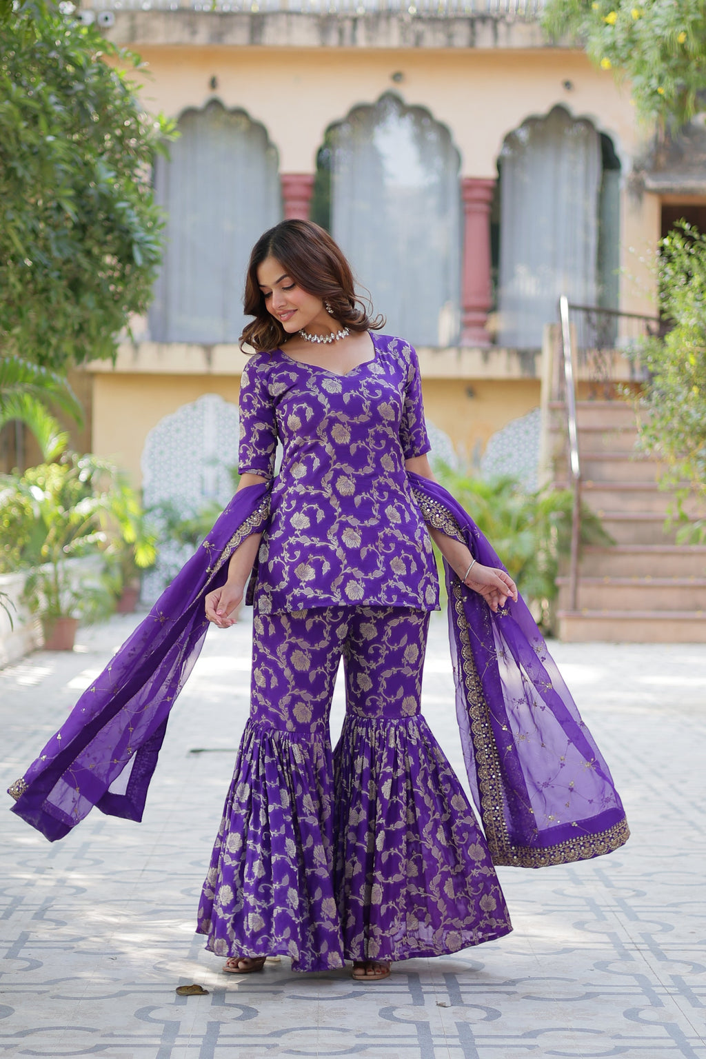 Triya Purple Viscose Georgette Jacquard Kurti Gharara Set