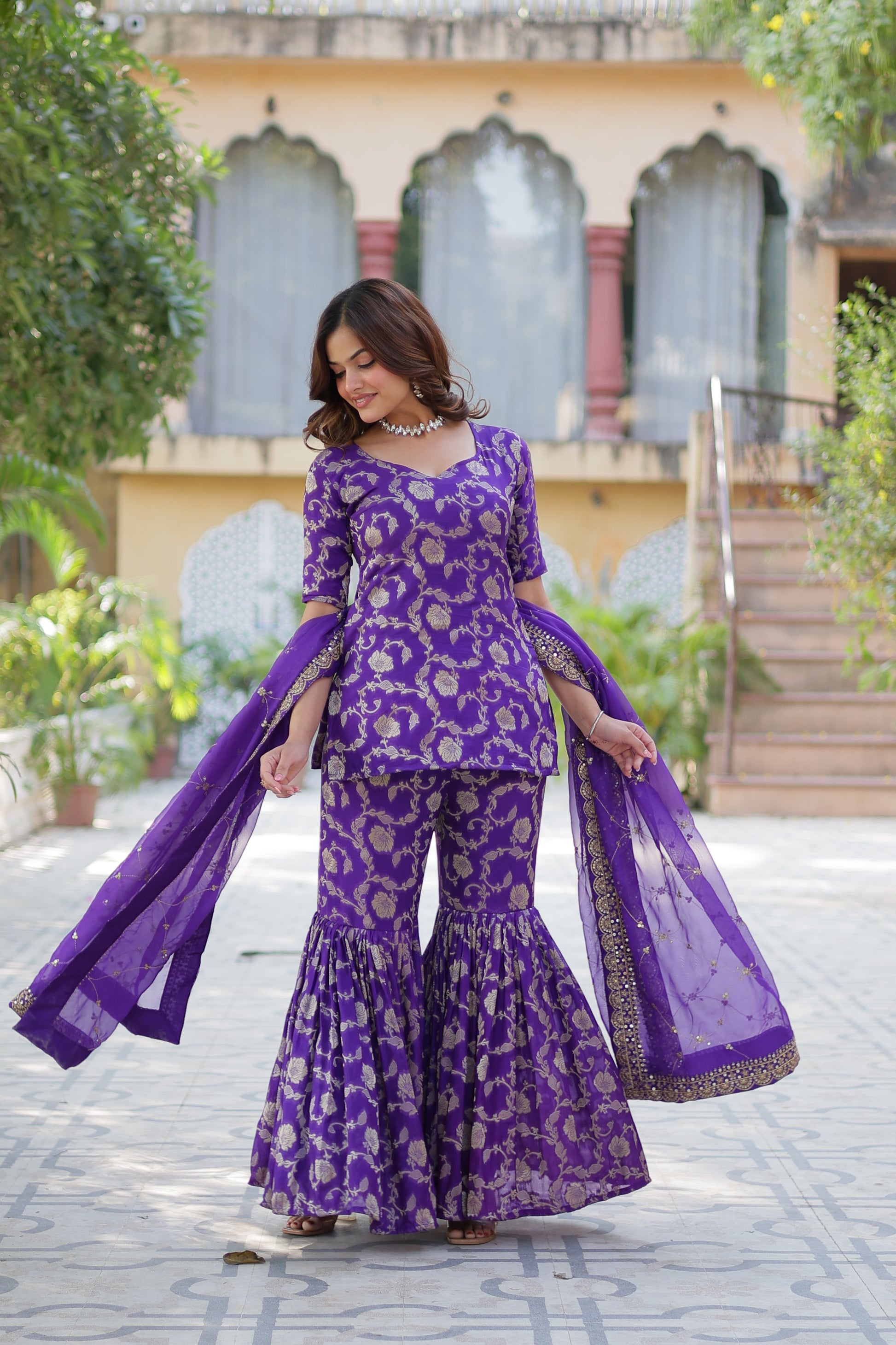 Triya Purple Viscose Georgette Jacquard Kurti Gharara Set