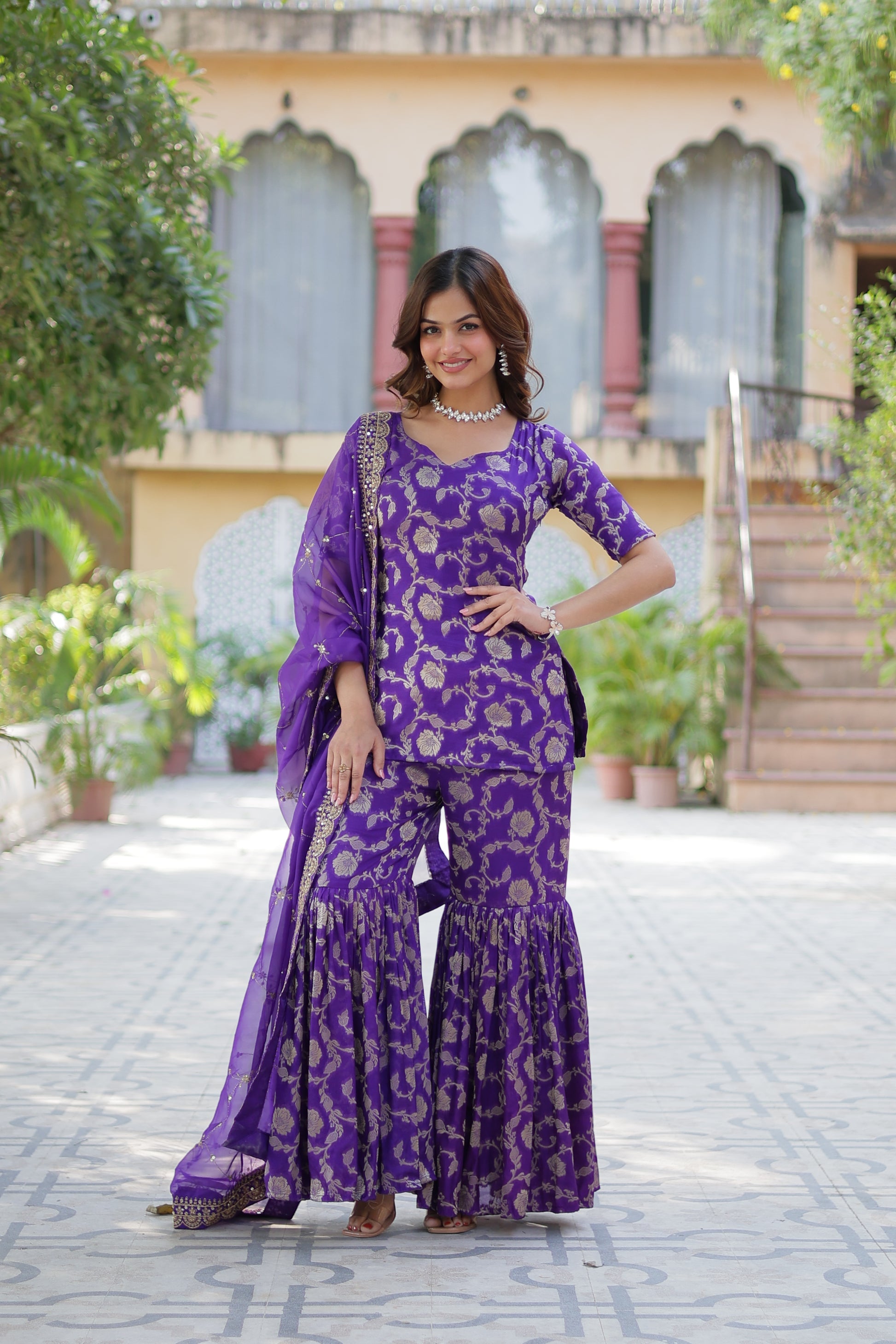 Triya Purple Viscose Georgette Jacquard Kurti Gharara Set