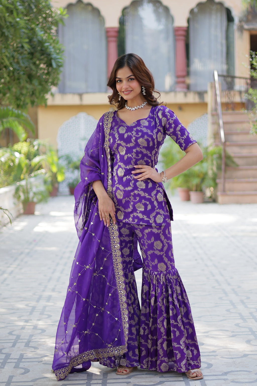 Triya Purple Viscose Georgette Jacquard Kurti Gharara Set