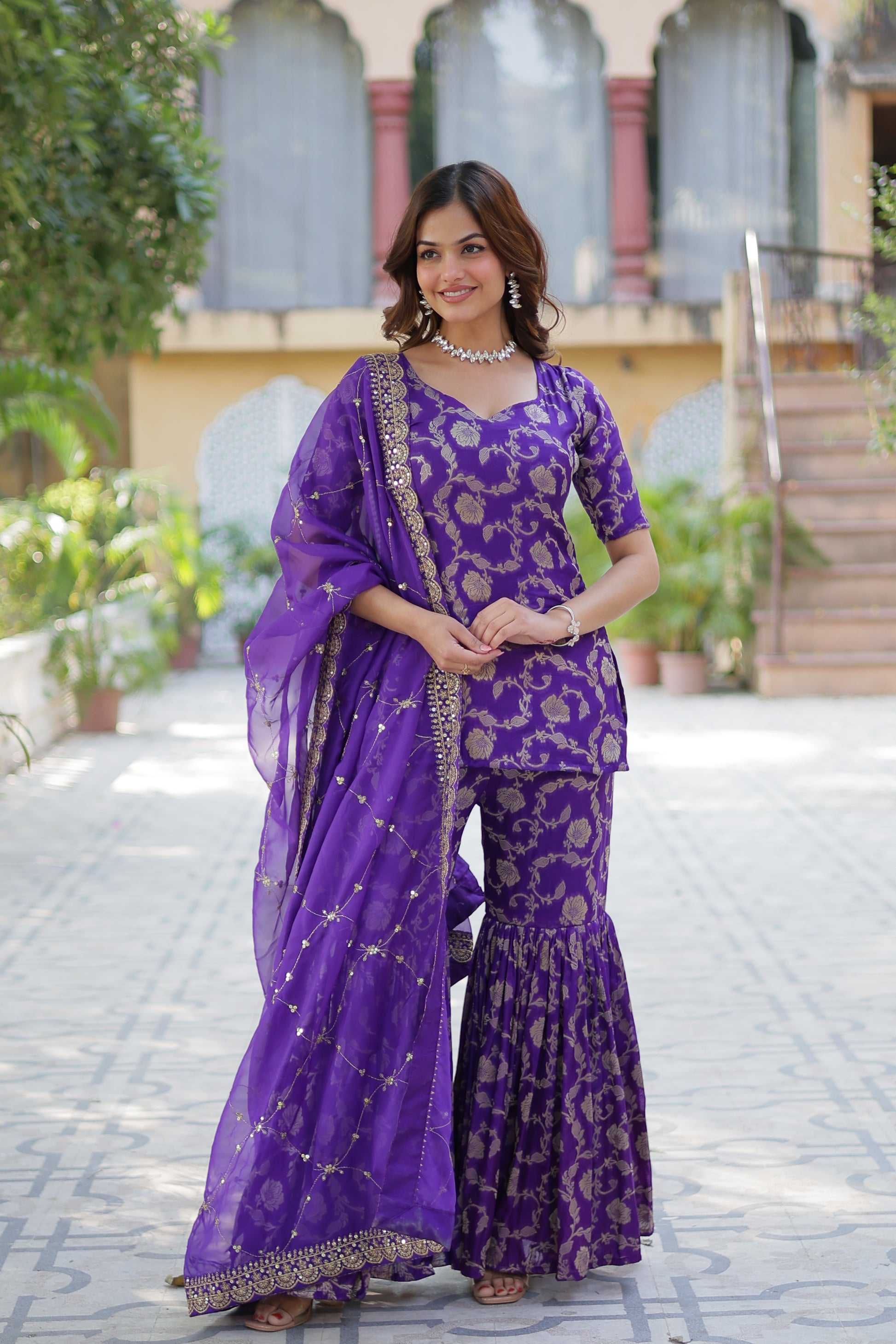 Triya Purple Viscose Georgette Jacquard Kurti Gharara Set