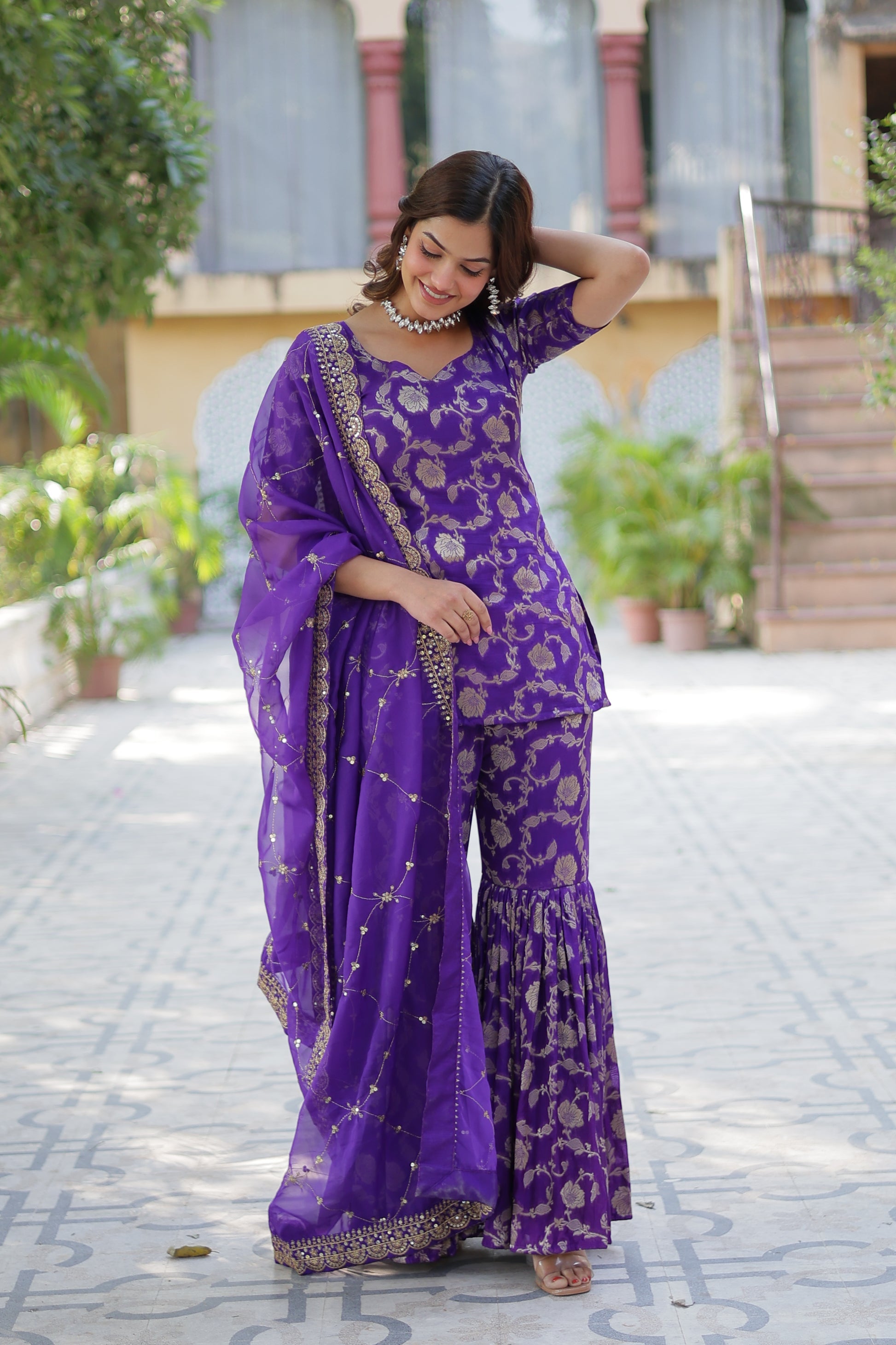 Triya Purple Viscose Georgette Jacquard Kurti Gharara Set