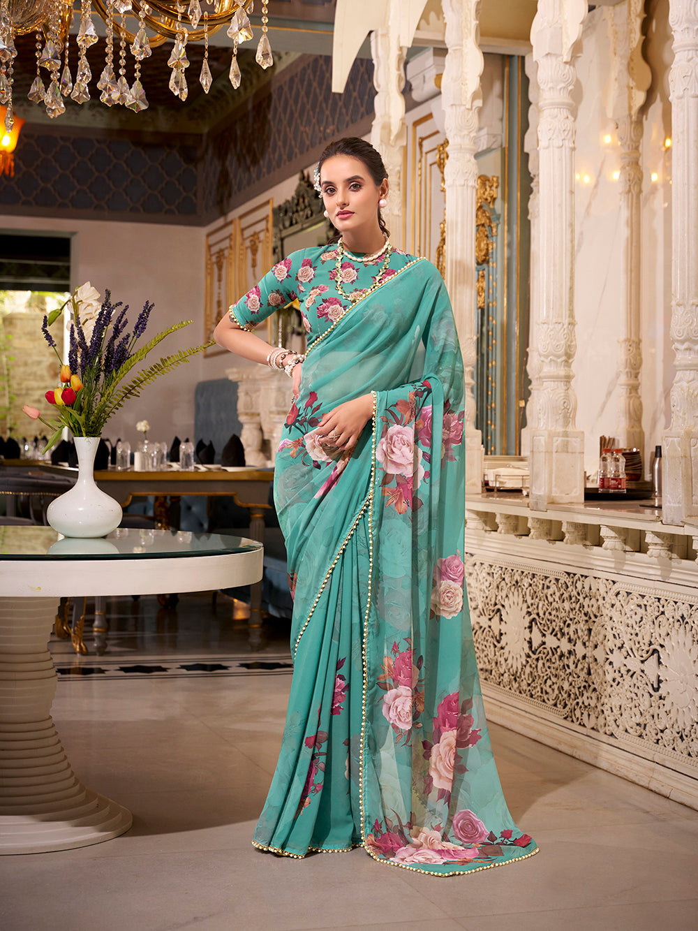 Turquoise Georgette Printed Saree with Pearl Lace Border