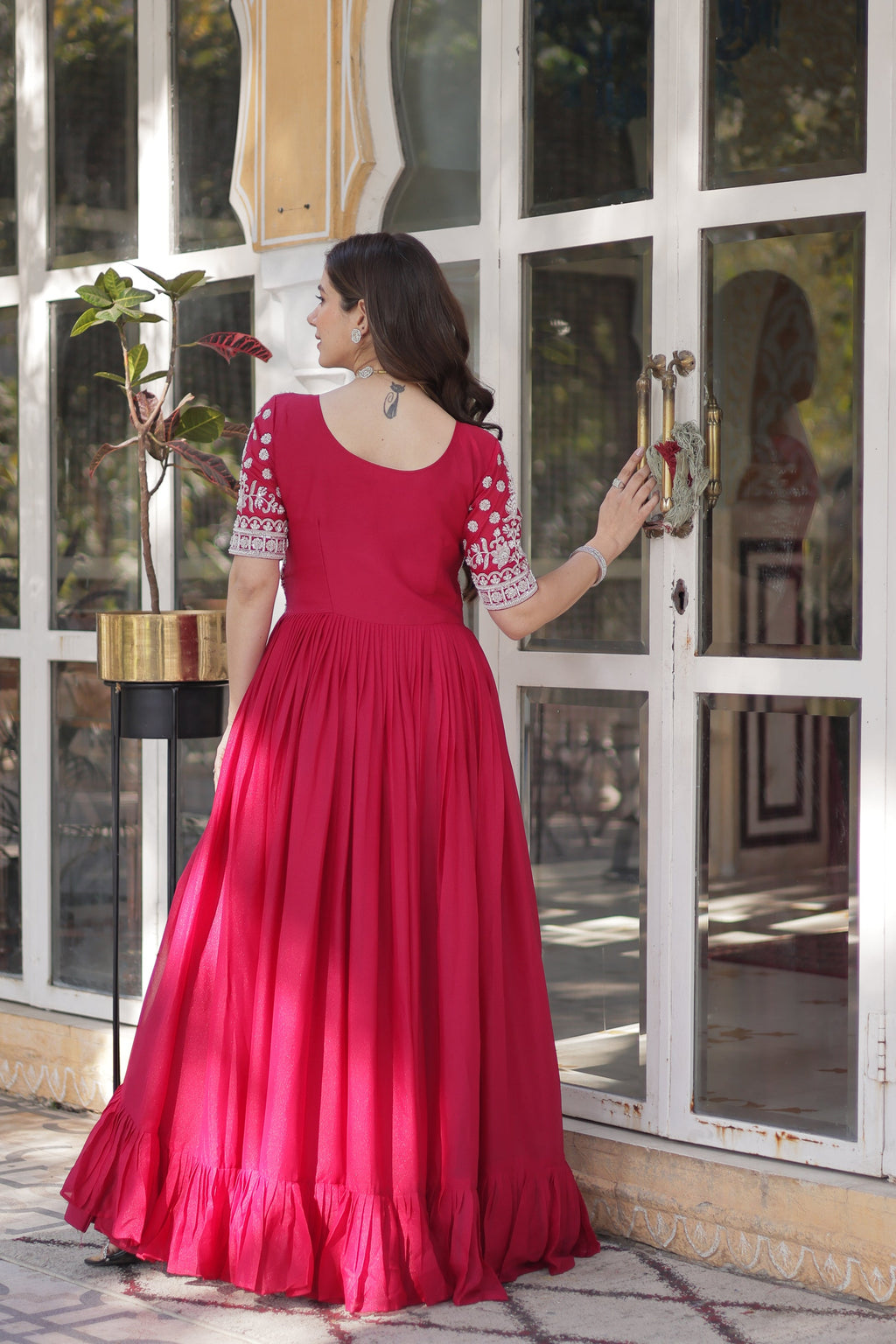 Umaira pink Indo-western embroidered kurti lehenga set for women featuring slit-cut long kurti with sequins, beads, and threadwork on star georgette fabric, paired with stitched lehenga and latkan detailing – ideal for weddings, festive functions, sangeet, and modern ethnic occasions.