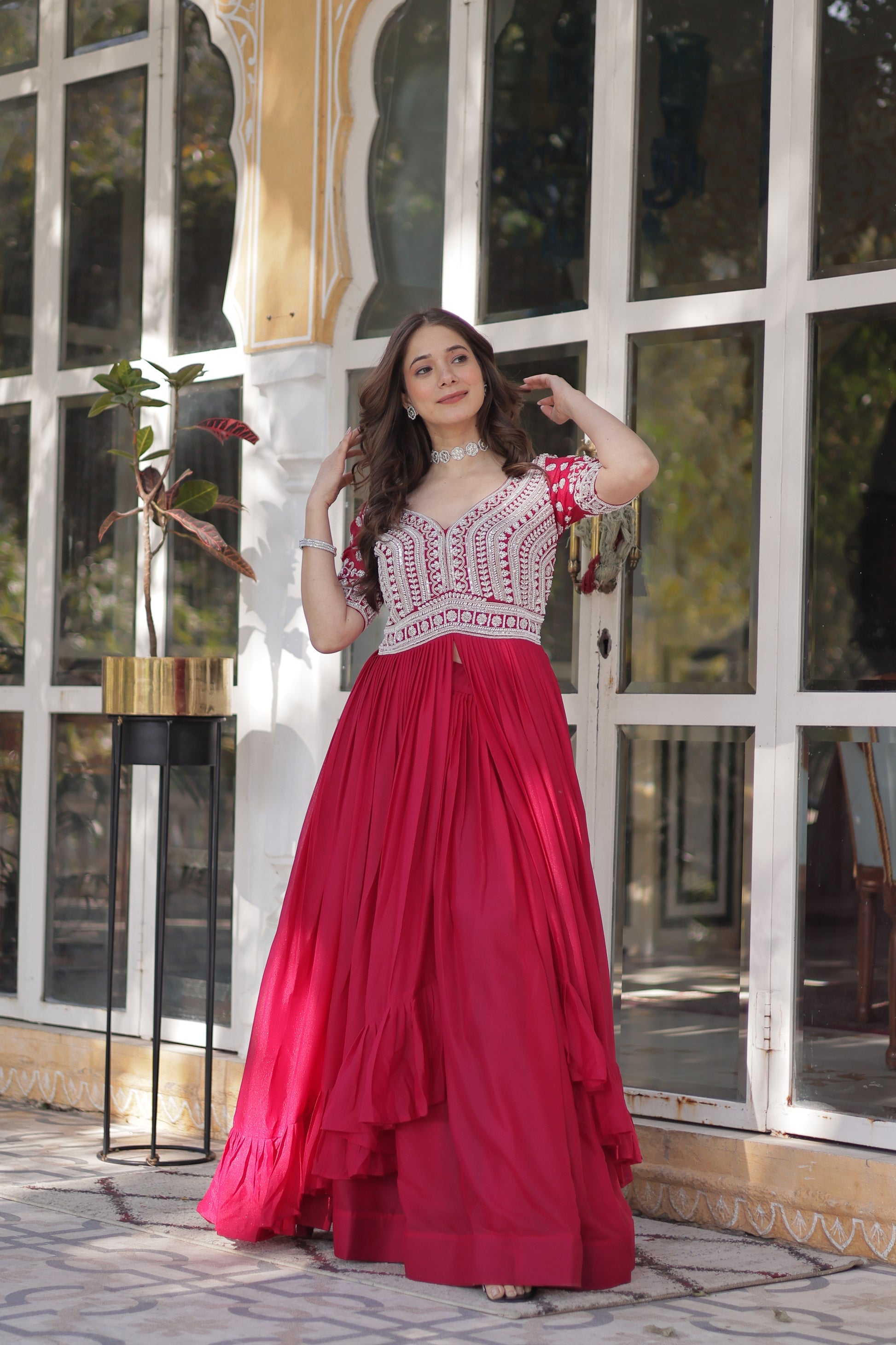 Umaira pink Indo-western embroidered kurti lehenga set for women featuring slit-cut long kurti with sequins, beads, and threadwork on star georgette fabric, paired with stitched lehenga and latkan detailing – ideal for weddings, festive functions, sangeet, and modern ethnic occasions.