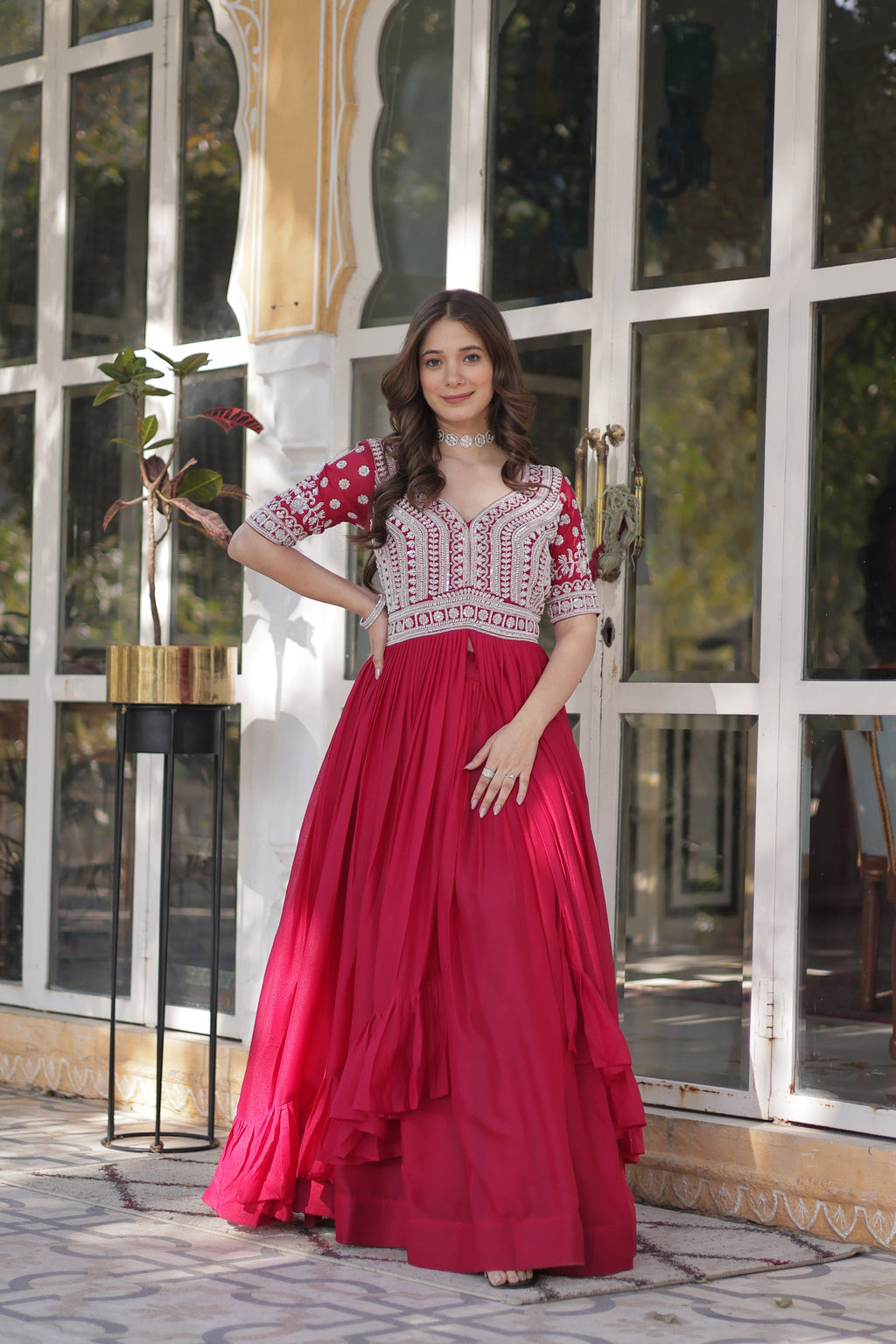 Umaira pink Indo-western embroidered kurti lehenga set for women featuring slit-cut long kurti with sequins, beads, and threadwork on star georgette fabric, paired with stitched lehenga and latkan detailing – ideal for weddings, festive functions, sangeet, and modern ethnic occasions.
