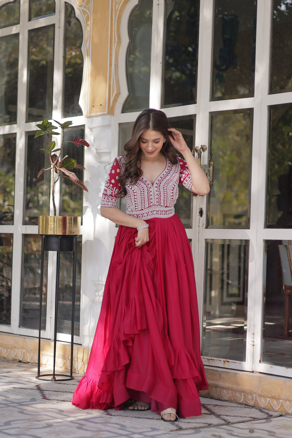 Umaira pink Indo-western embroidered kurti lehenga set for women featuring slit-cut long kurti with sequins, beads, and threadwork on star georgette fabric, paired with stitched lehenga and latkan detailing – ideal for weddings, festive functions, sangeet, and modern ethnic occasions.