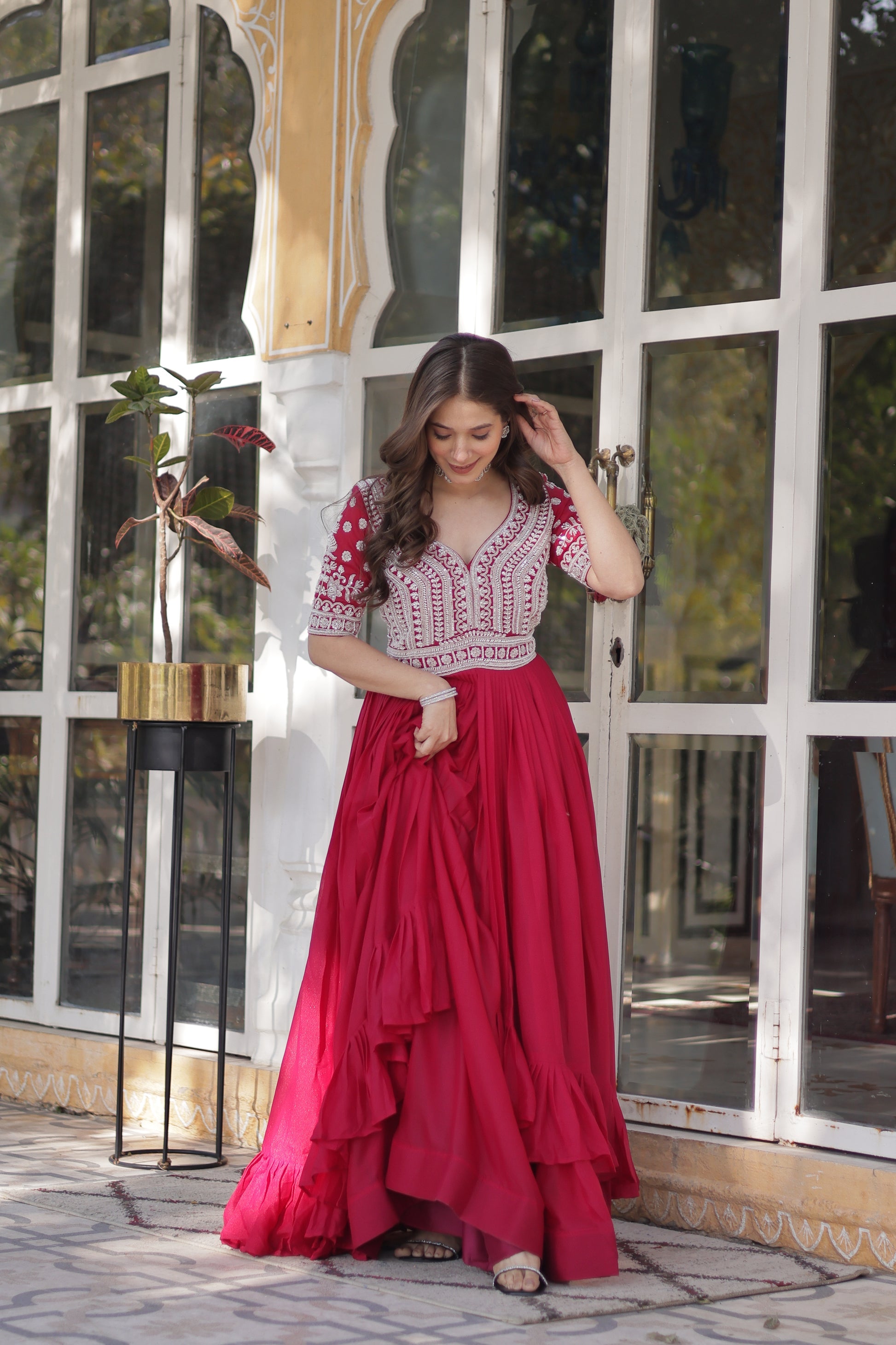 Umaira pink Indo-western embroidered kurti lehenga set for women featuring slit-cut long kurti with sequins, beads, and threadwork on star georgette fabric, paired with stitched lehenga and latkan detailing – ideal for weddings, festive functions, sangeet, and modern ethnic occasions.
