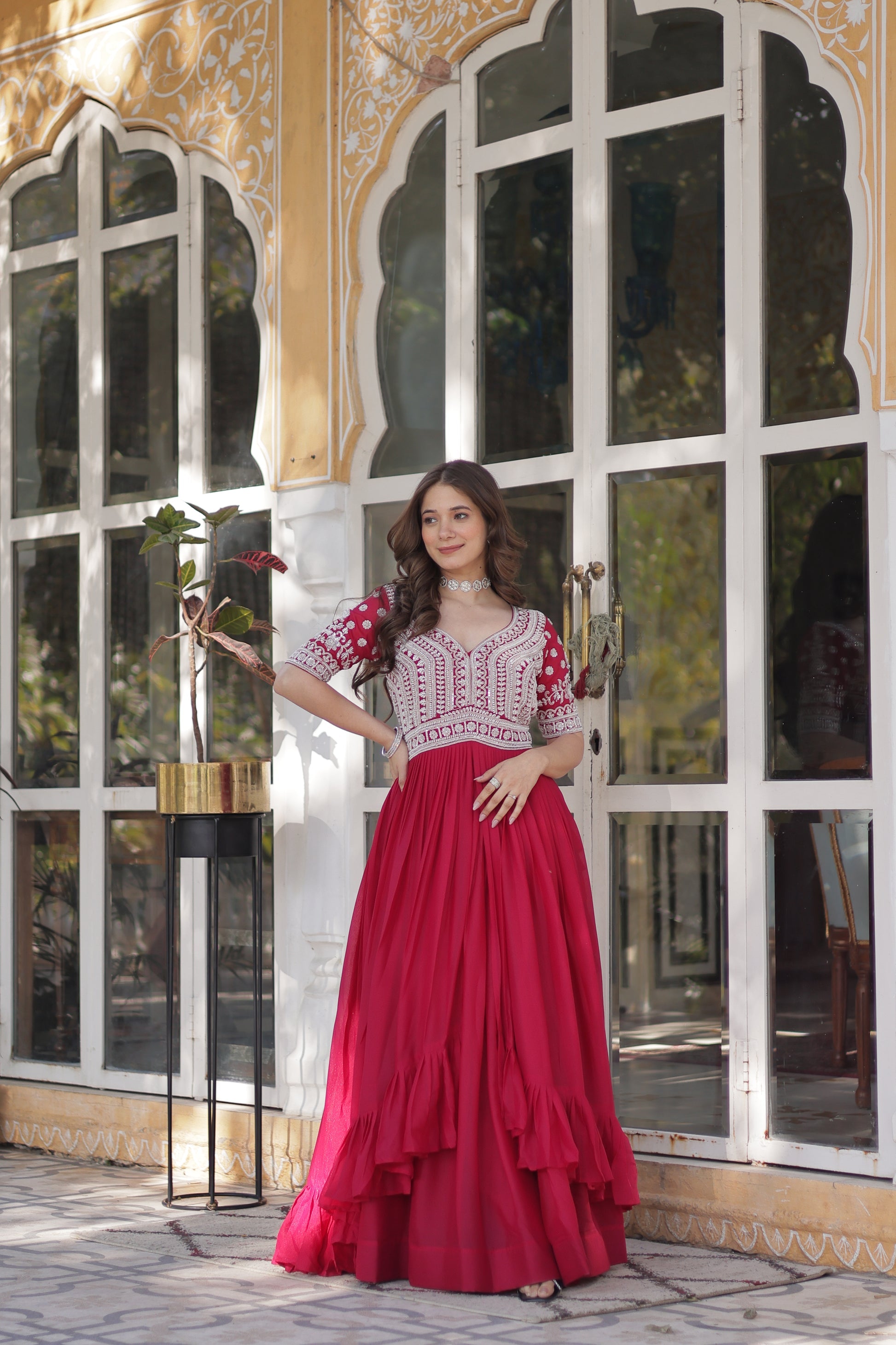 Umaira pink Indo-western embroidered kurti lehenga set for women featuring slit-cut long kurti with sequins, beads, and threadwork on star georgette fabric, paired with stitched lehenga and latkan detailing – ideal for weddings, festive functions, sangeet, and modern ethnic occasions.