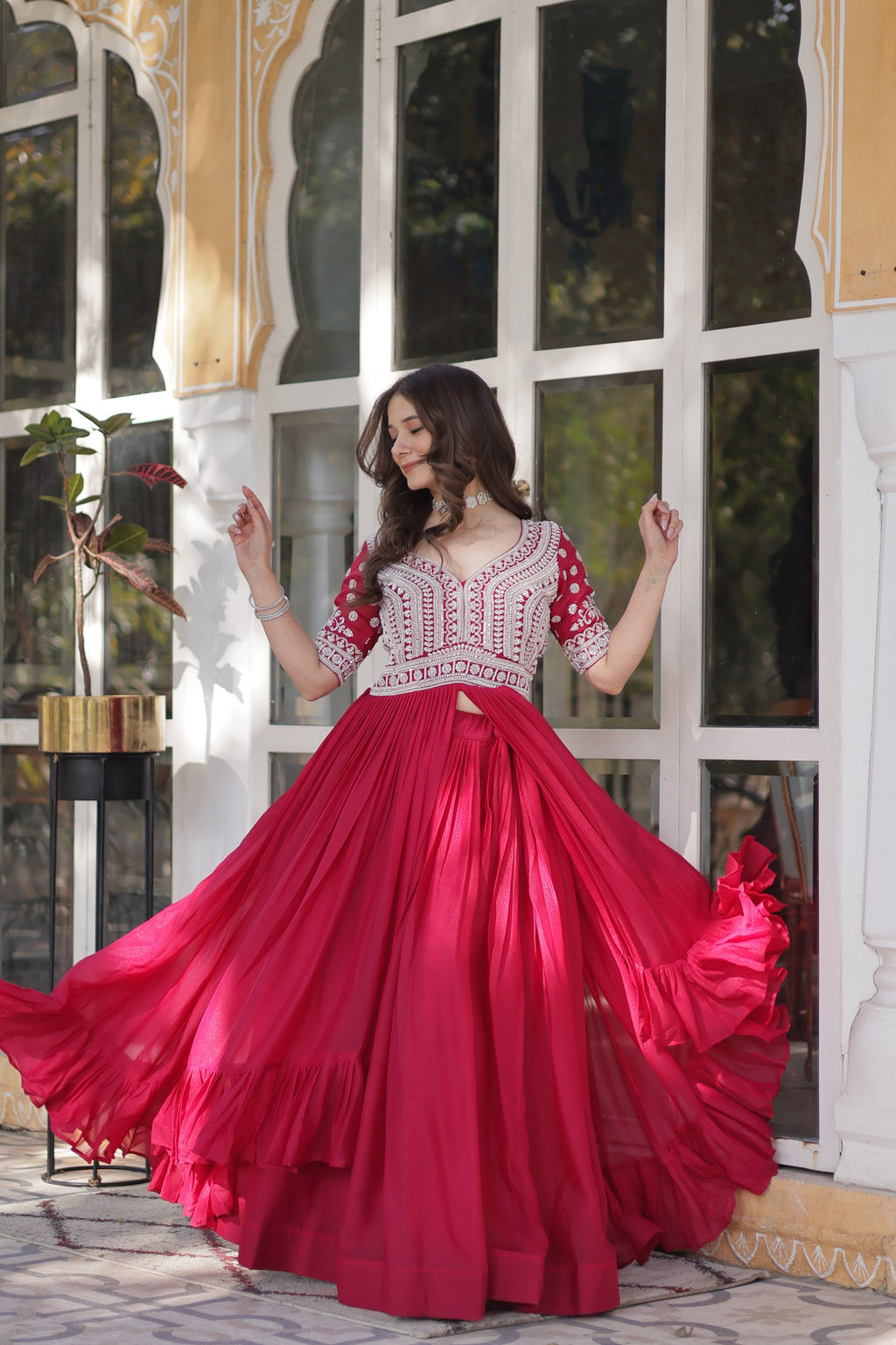 Umaira pink Indo-western embroidered kurti lehenga set for women featuring slit-cut long kurti with sequins, beads, and threadwork on star georgette fabric, paired with stitched lehenga and latkan detailing – ideal for weddings, festive functions, sangeet, and modern ethnic occasions.