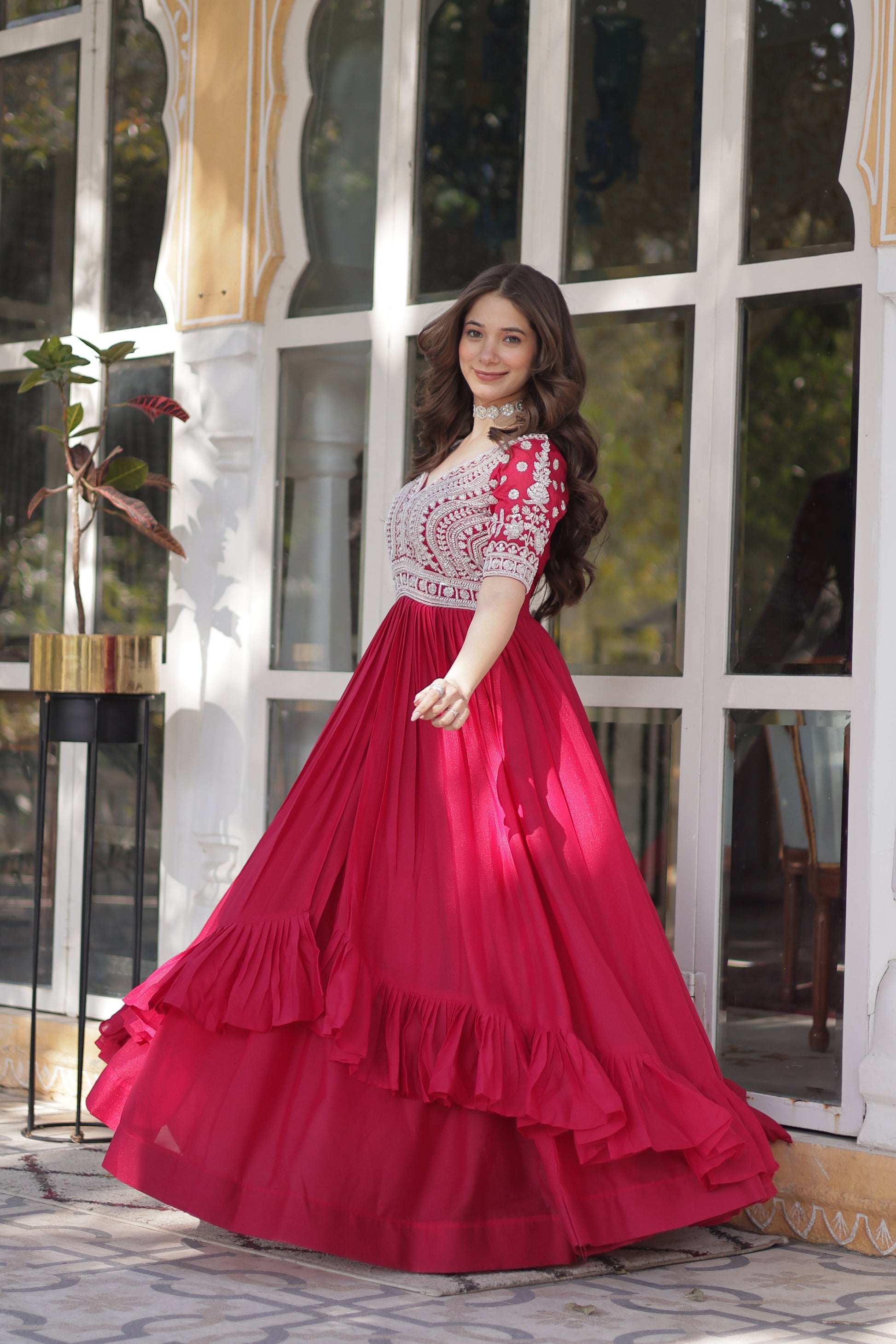 Umaira pink Indo-western embroidered kurti lehenga set for women featuring slit-cut long kurti with sequins, beads, and threadwork on star georgette fabric, paired with stitched lehenga and latkan detailing – ideal for weddings, festive functions, sangeet, and modern ethnic occasions.