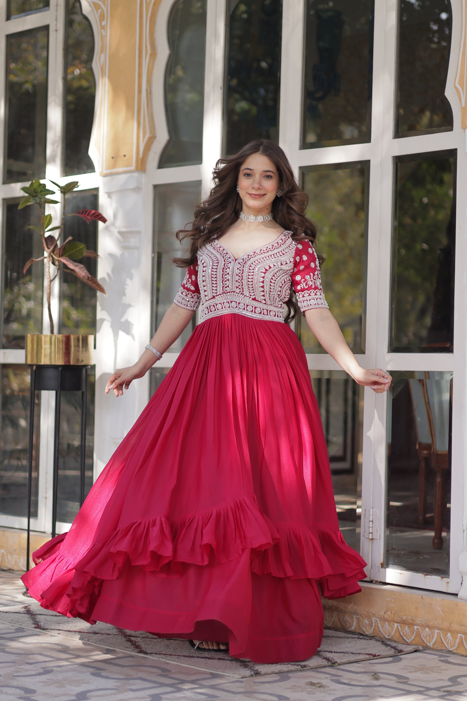 Umaira pink Indo-western embroidered kurti lehenga set for women featuring slit-cut long kurti with sequins, beads, and threadwork on star georgette fabric, paired with stitched lehenga and latkan detailing – ideal for weddings, festive functions, sangeet, and modern ethnic occasions.