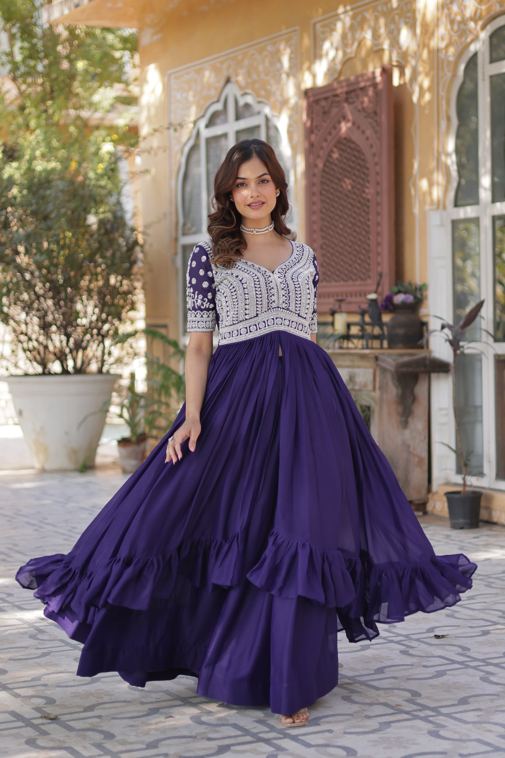 Umaira Purple Indo-Western Embroidered Kurti Lehenga