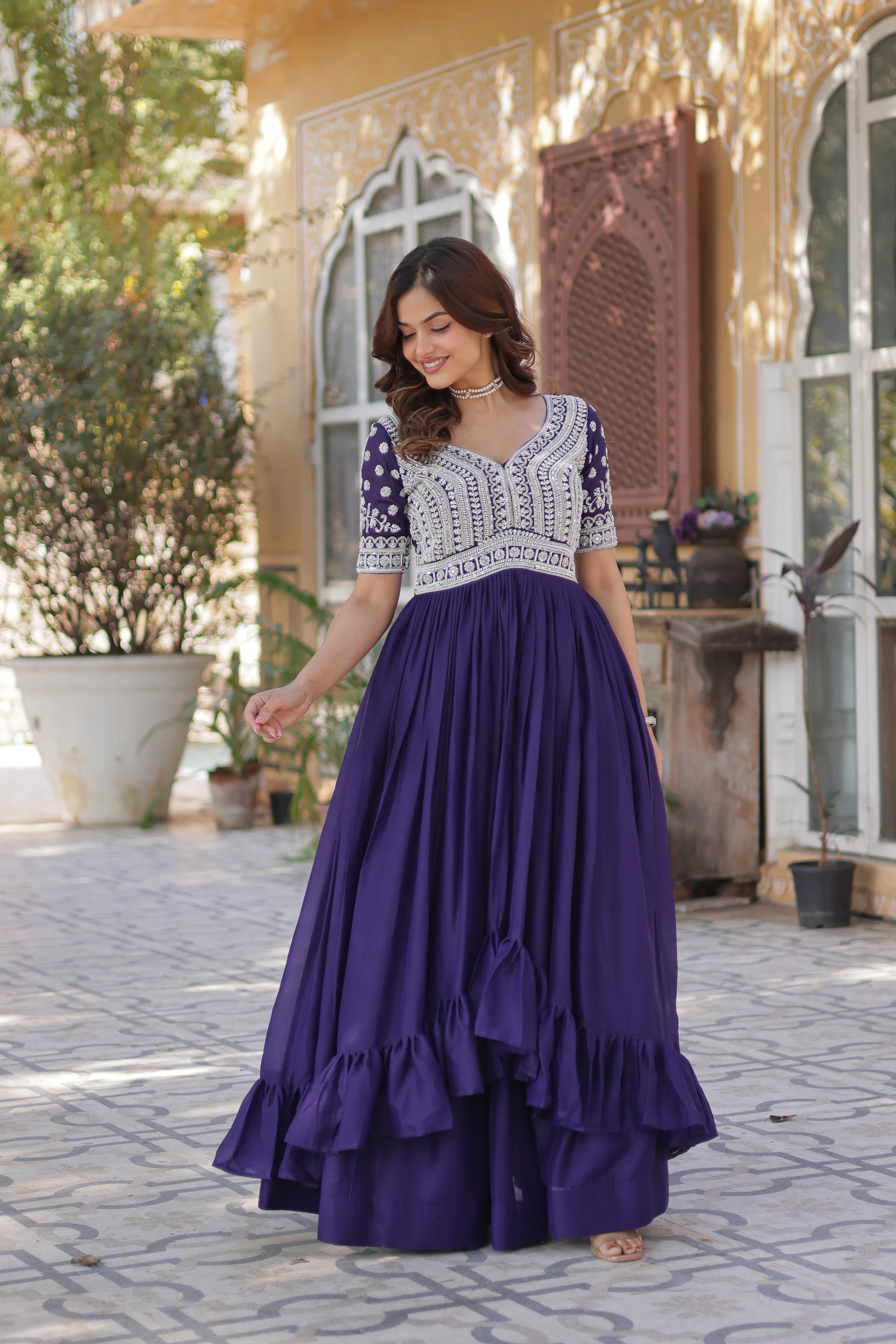 Umaira Purple Indo-Western Embroidered Kurti Lehenga