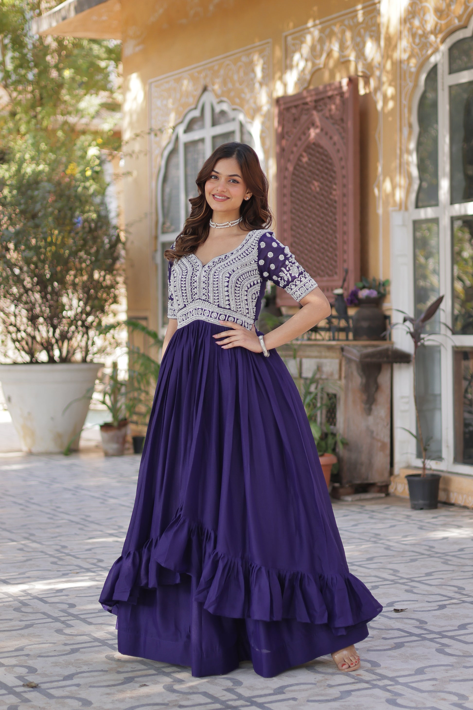 Umaira Purple Indo-Western Embroidered Kurti Lehenga