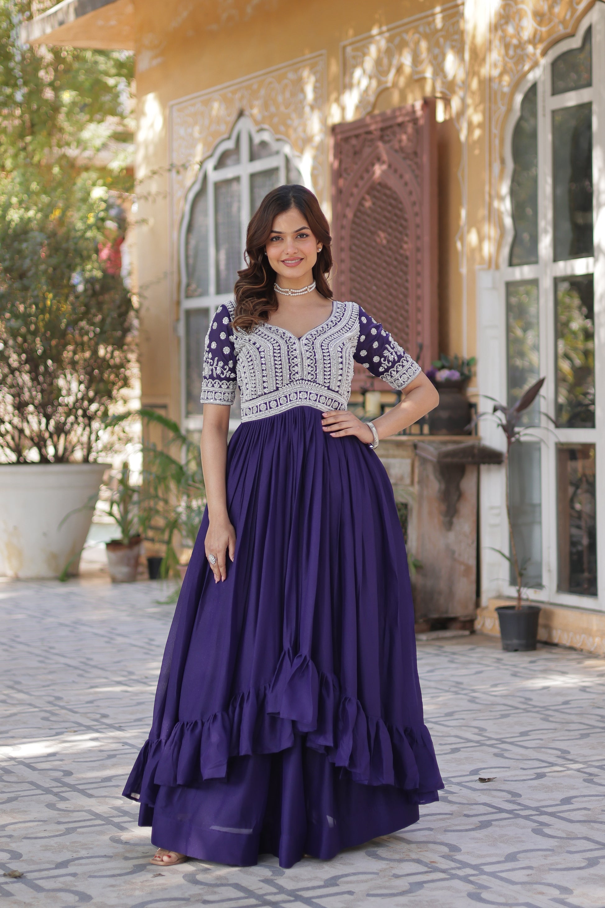 Umaira Purple Indo-Western Embroidered Kurti Lehenga