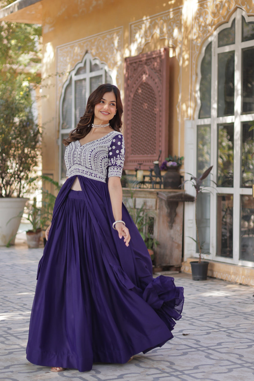  Umaira purple Indo-western kurti lehenga set featuring a slit-cut long embroidered kurti with bead and sequin work, paired with a fully stitched star georgette lehenga with cotton lining – ideal ethnic fusion outfit for weddings, festivals, and party wear in 2025.
