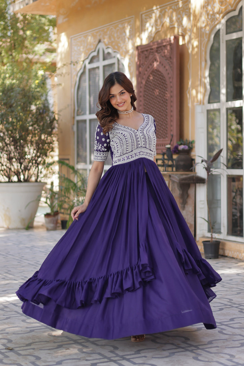 Umaira Purple Indo-Western Embroidered Kurti Lehenga