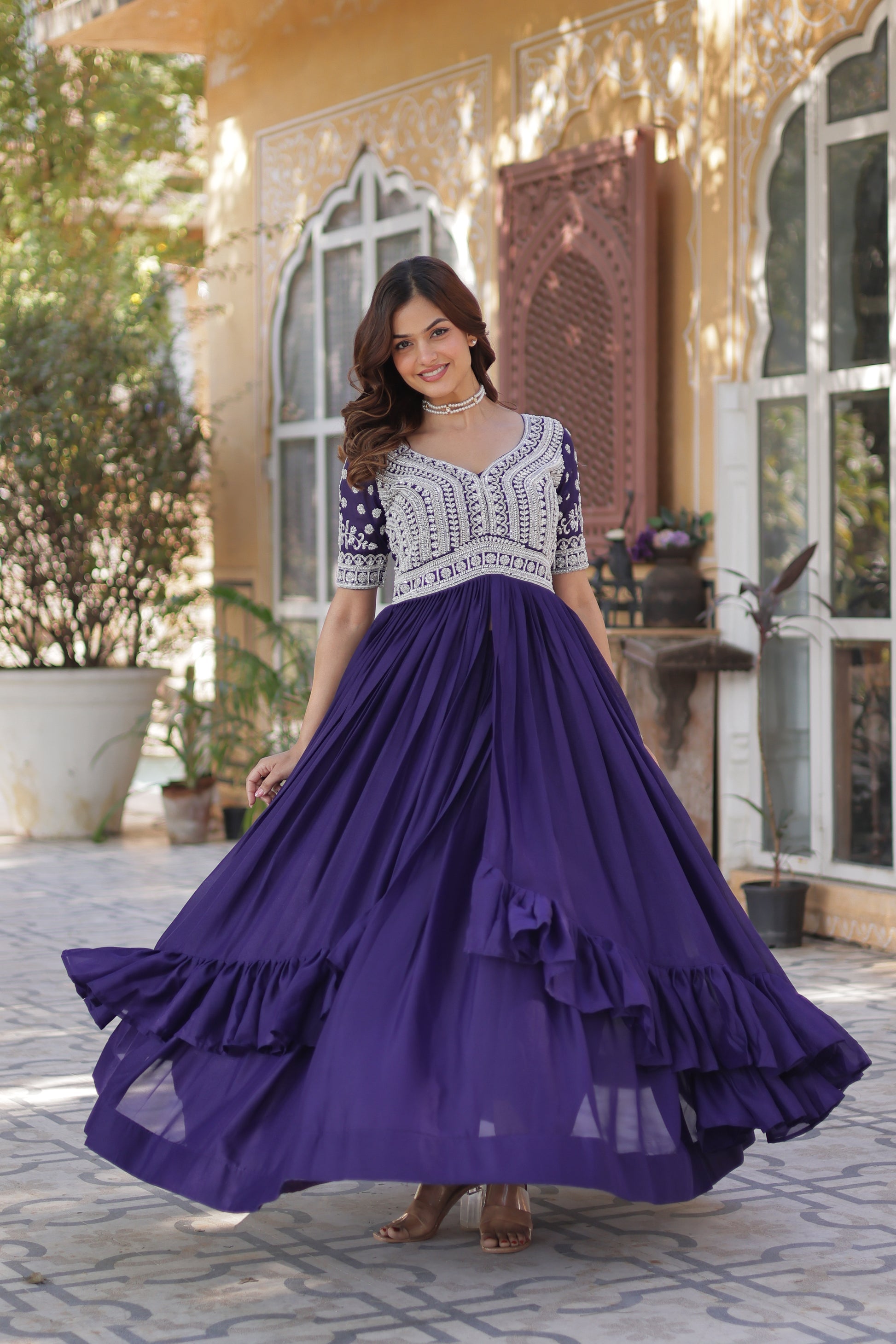  Umaira purple Indo-western kurti lehenga set featuring a slit-cut long embroidered kurti with bead and sequin work, paired with a fully stitched star georgette lehenga with cotton lining – ideal ethnic fusion outfit for weddings, festivals, and party wear in 2025.