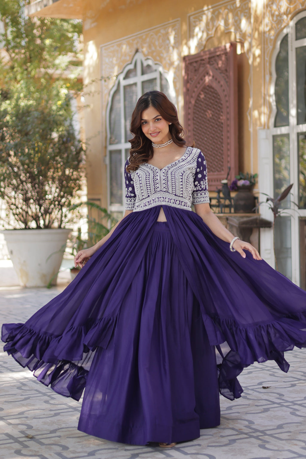  Umaira purple Indo-western kurti lehenga set featuring a slit-cut long embroidered kurti with bead and sequin work, paired with a fully stitched star georgette lehenga with cotton lining – ideal ethnic fusion outfit for weddings, festivals, and party wear in 2025.