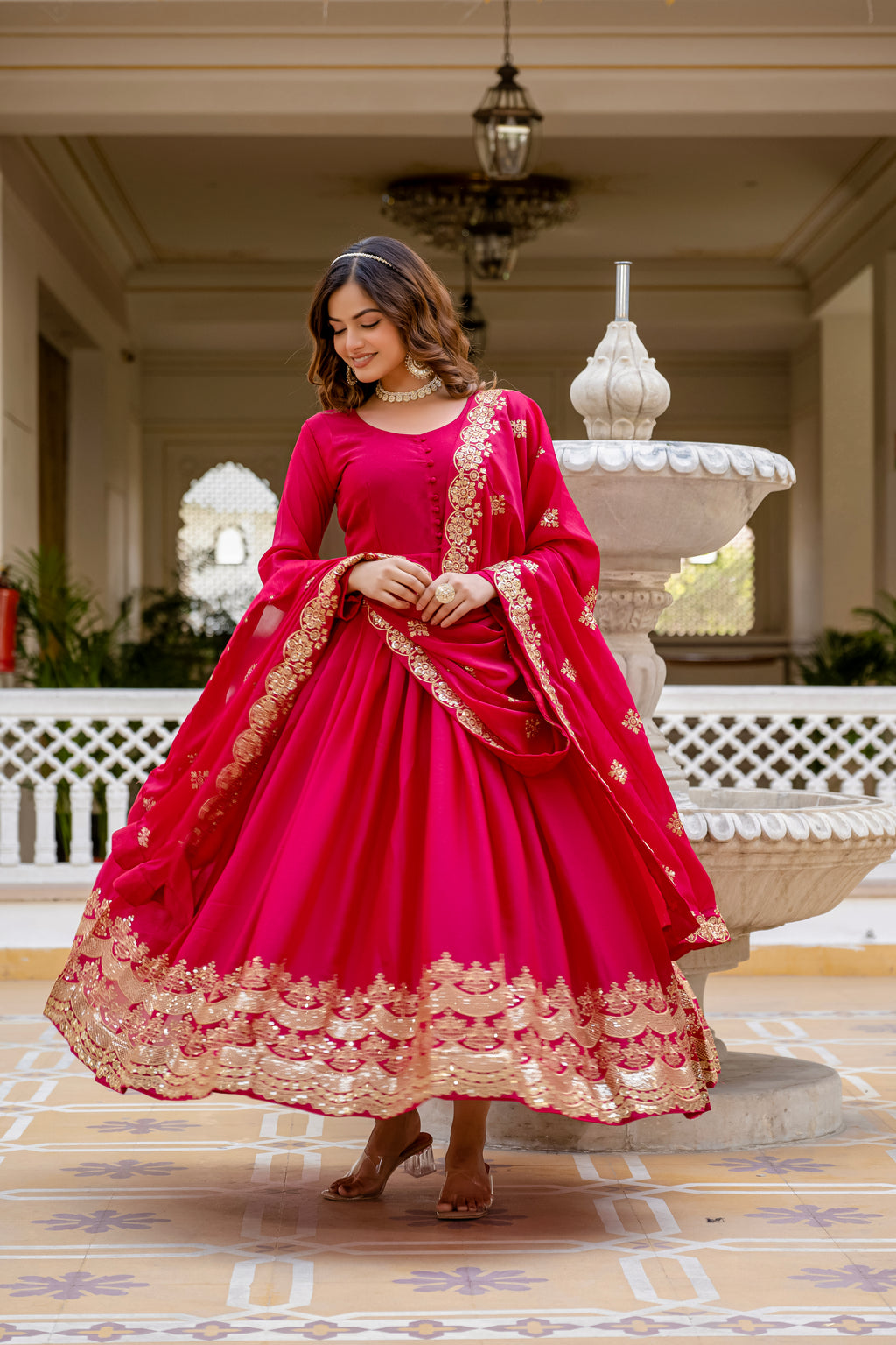 Pink Color Star Georgette Sequins Embroidered Gown with Dupatta