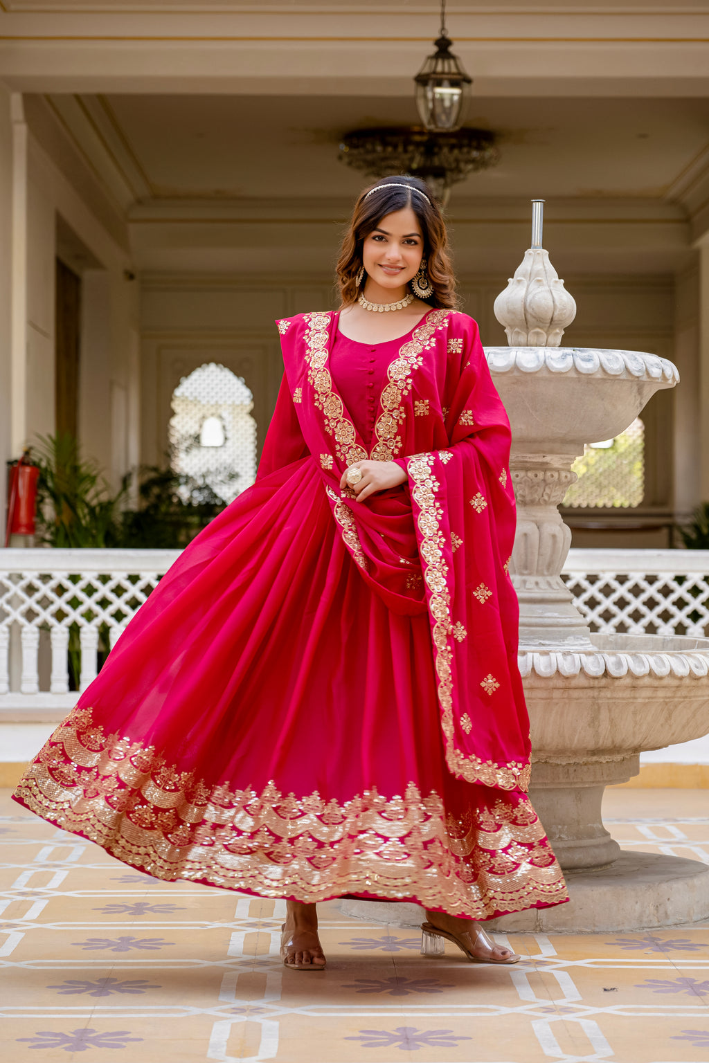 Pink Color Star Georgette Sequins Embroidered Gown with Dupatta