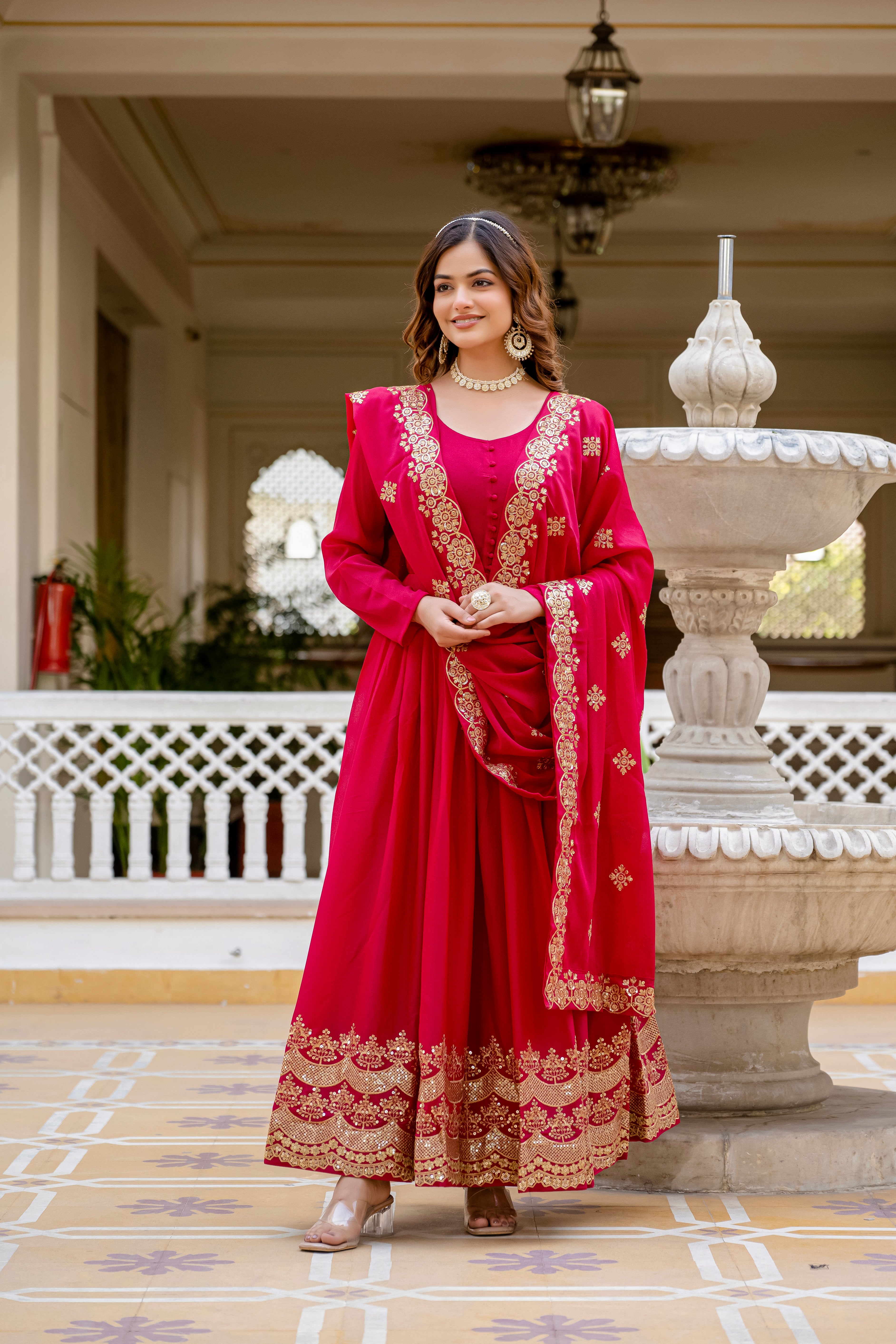 Pink Color Star Georgette Sequins Embroidered Gown with Dupatta