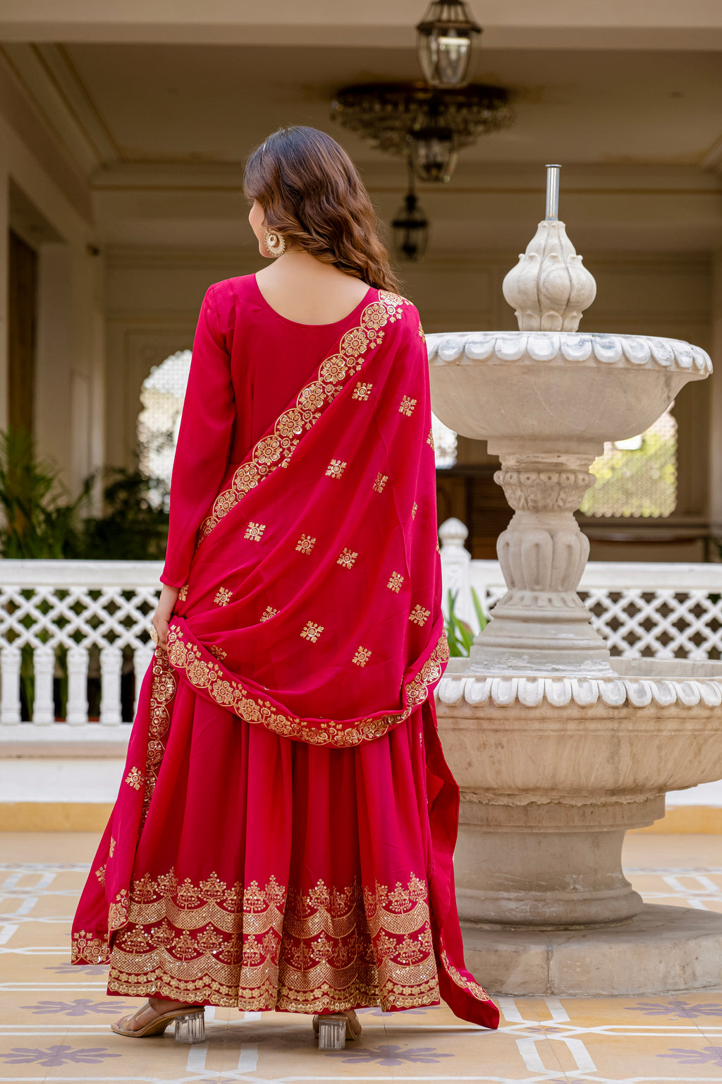 Pink Color Star Georgette Sequins Embroidered Gown with Dupatta