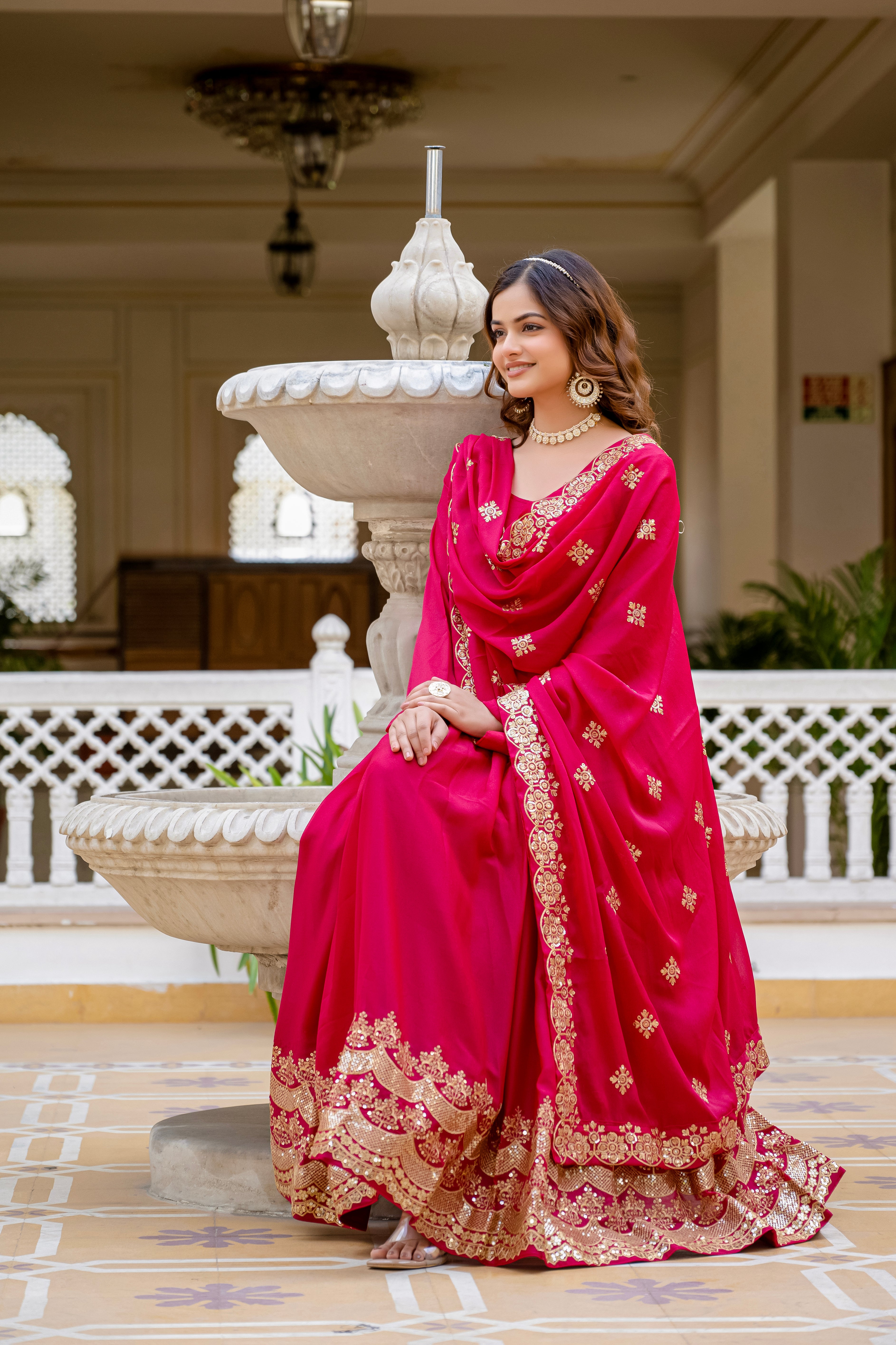 Pink Color Star Georgette Sequins Embroidered Gown with Dupatta