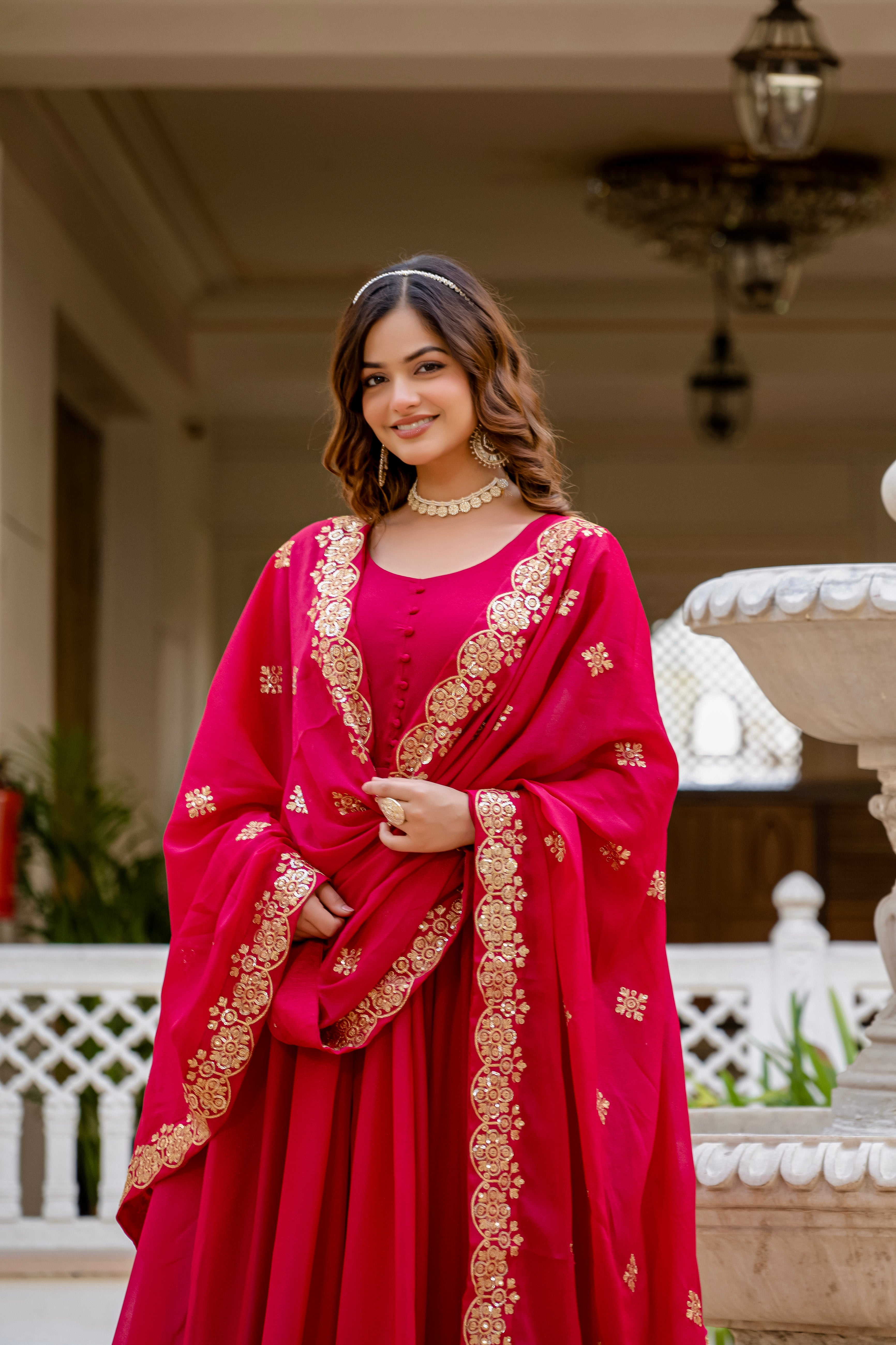 Pink Color Star Georgette Sequins Embroidered Gown with Dupatta