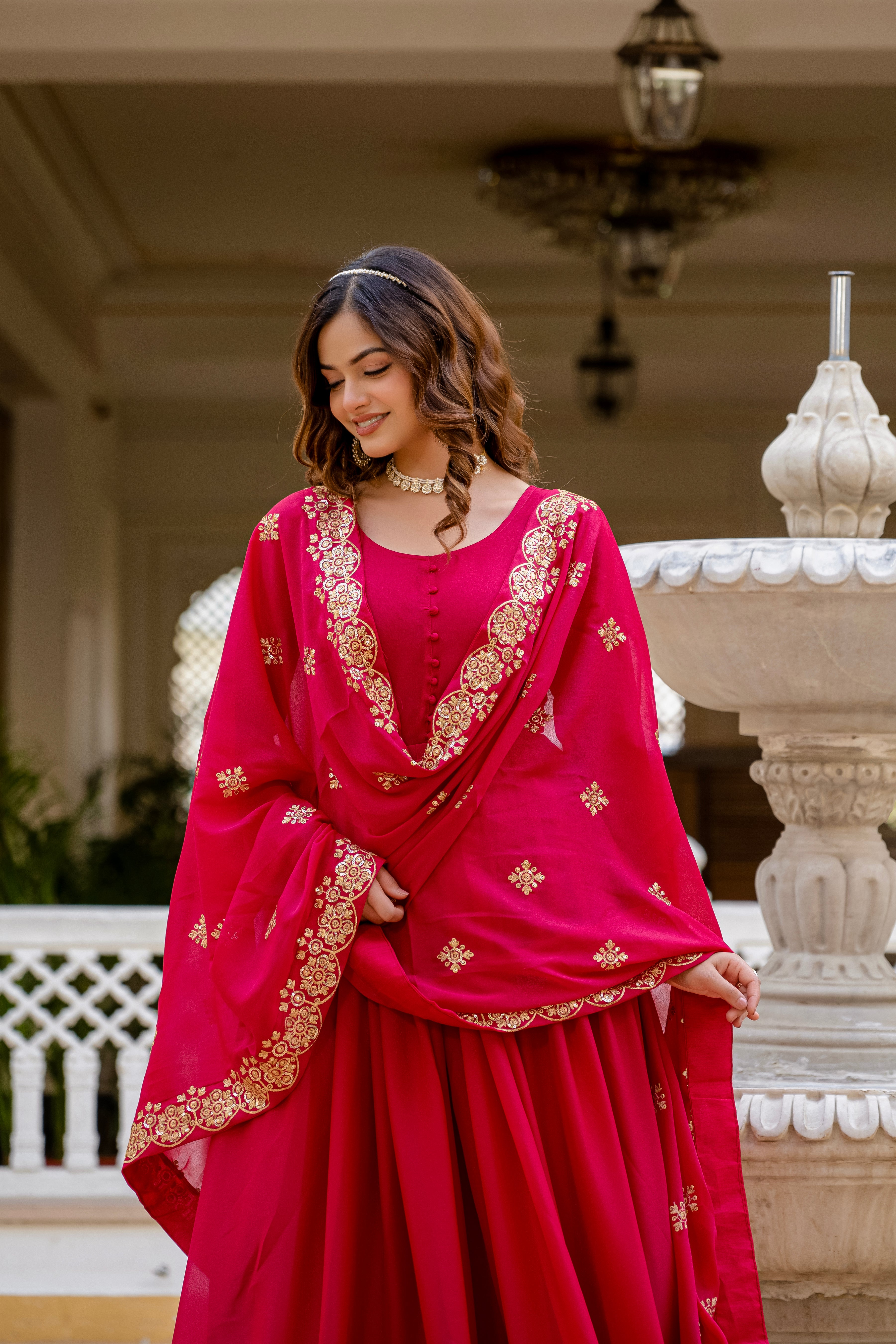 Pink Color Star Georgette Sequins Embroidered Gown with Dupatta