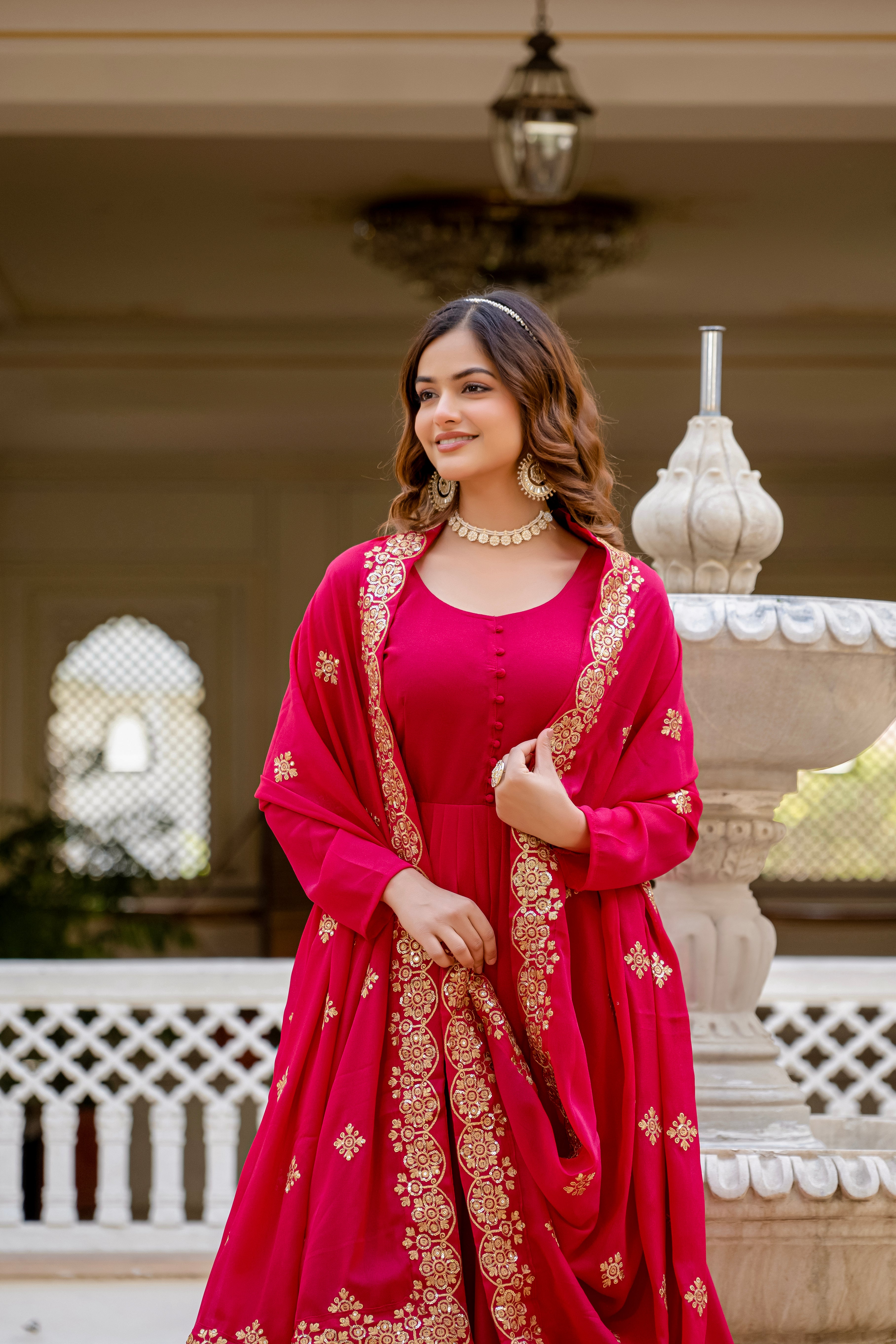 Pink Color Star Georgette Sequins Embroidered Gown with Dupatta