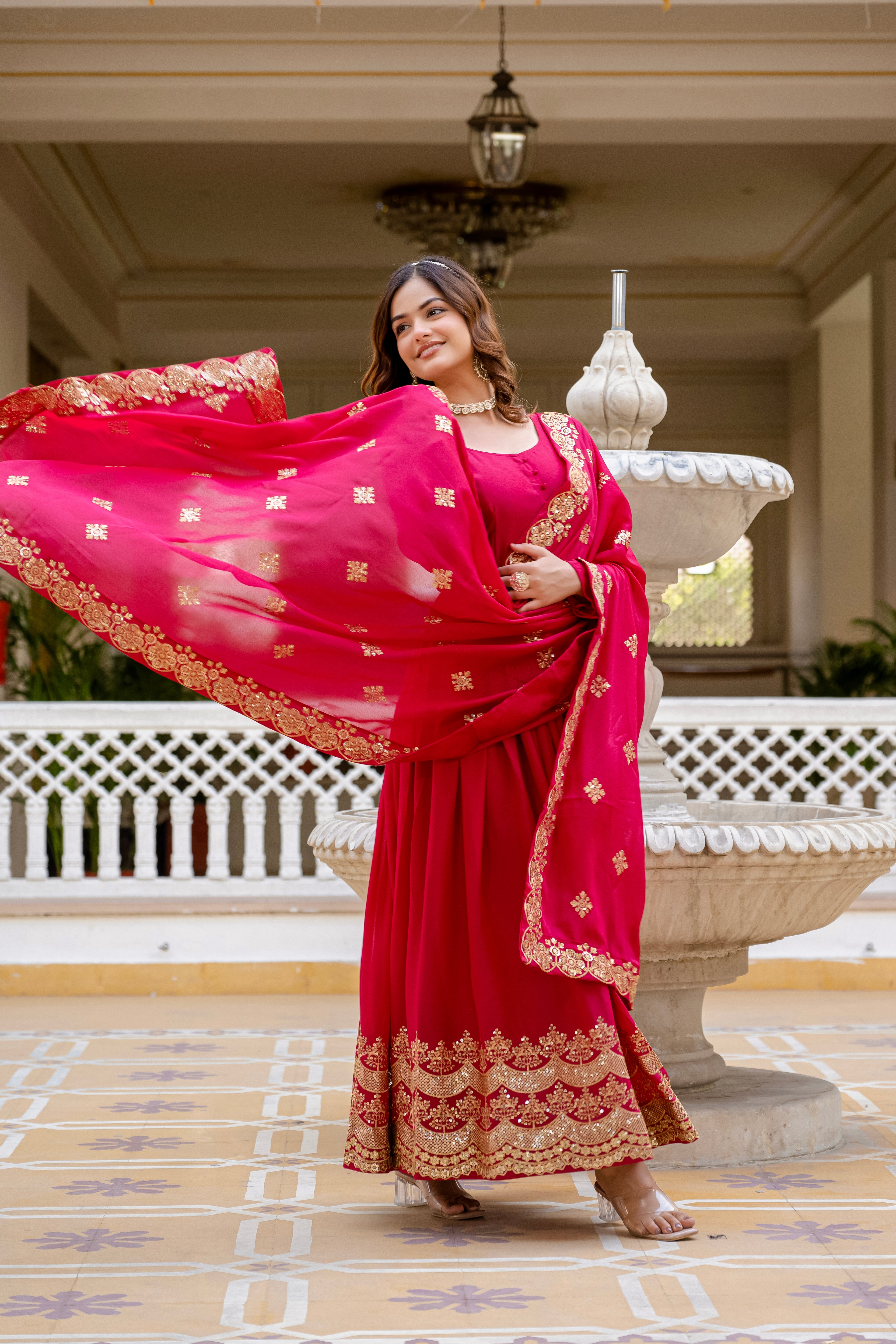 Pink Color Star Georgette Sequins Embroidered Gown with Dupatta