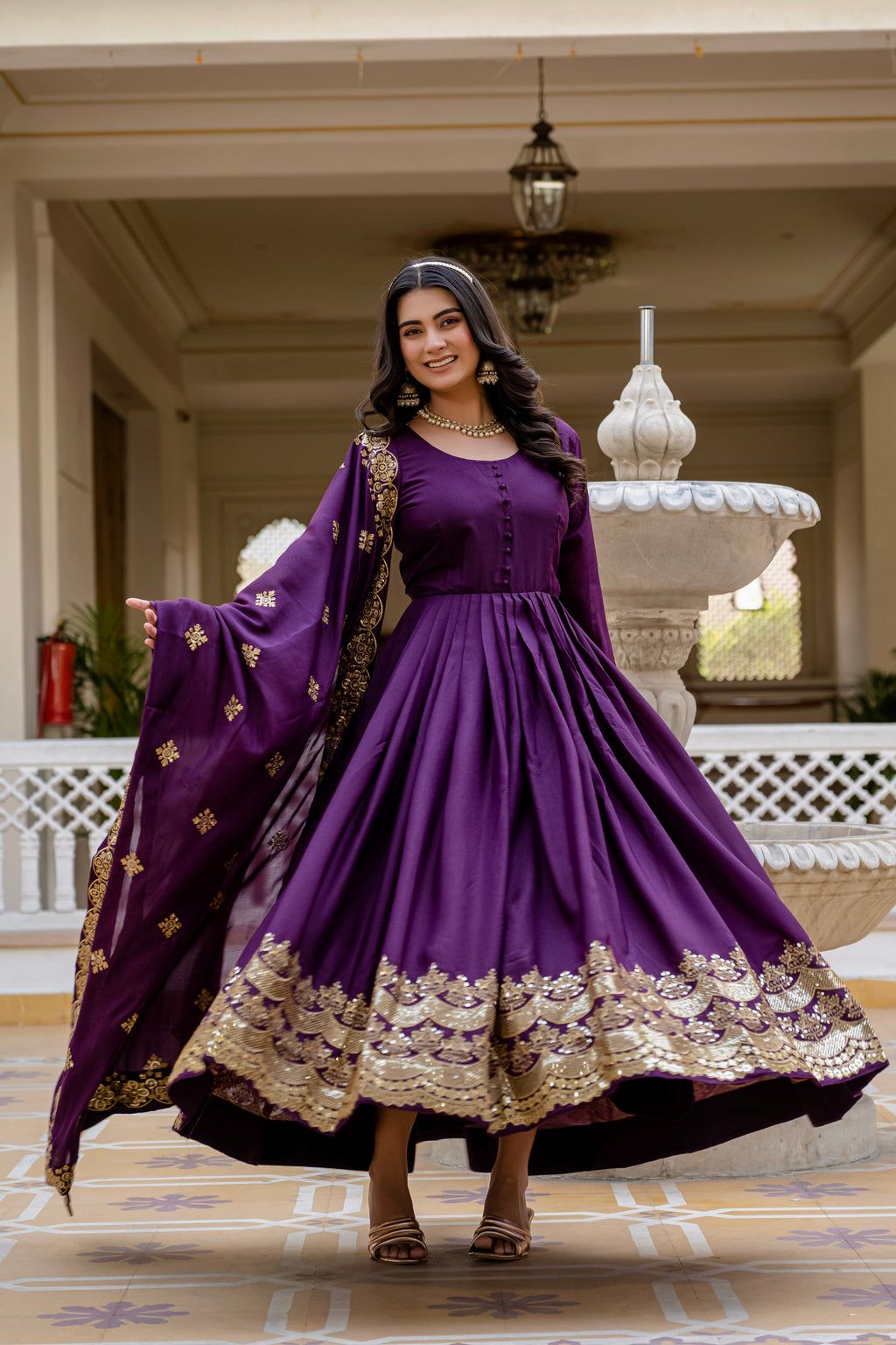 Wine Color Star Georgette Sequins Embroidered Gown with Dupatta