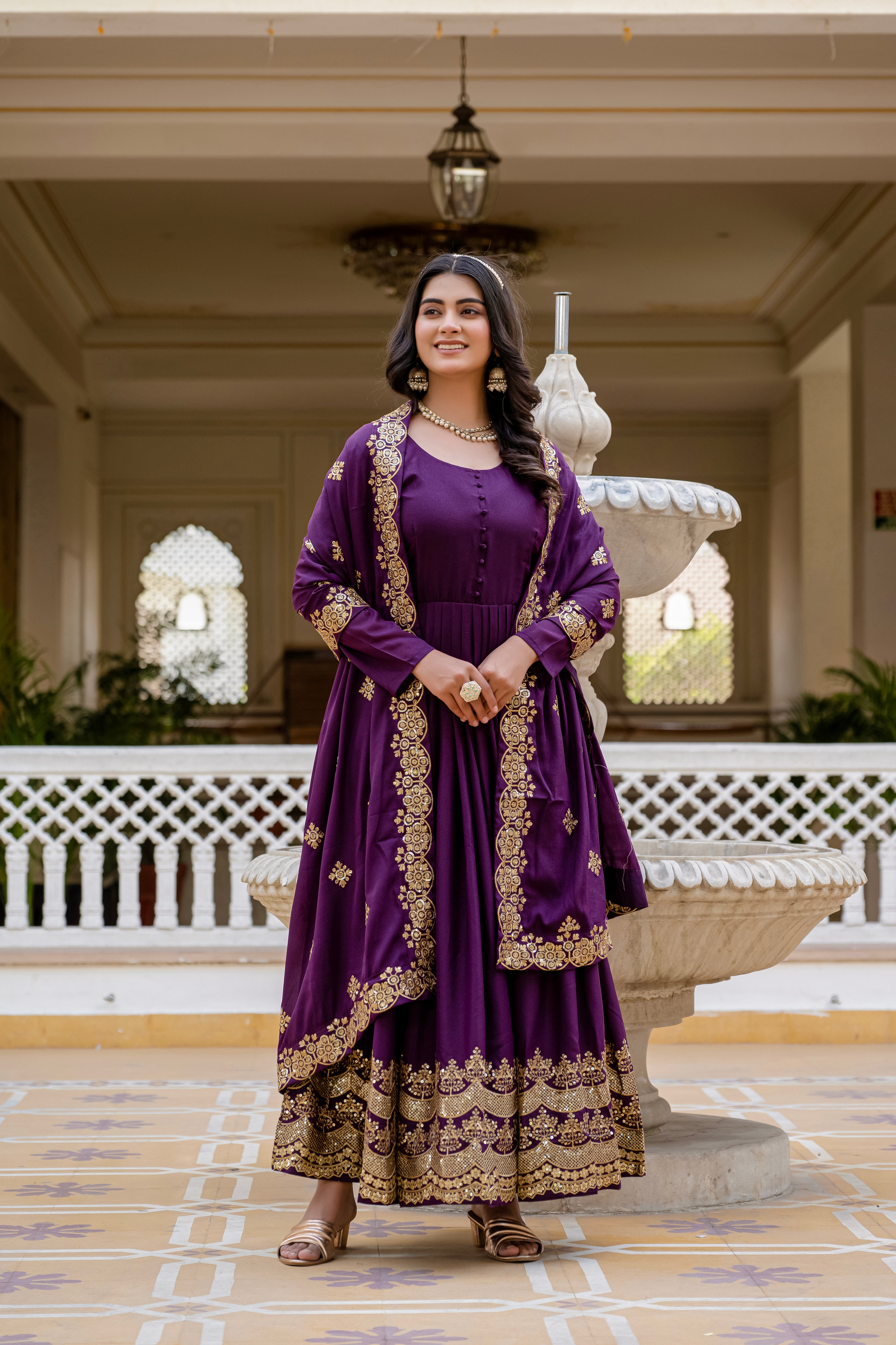 Wine Color Star Georgette Sequins Embroidered Gown with Dupatta