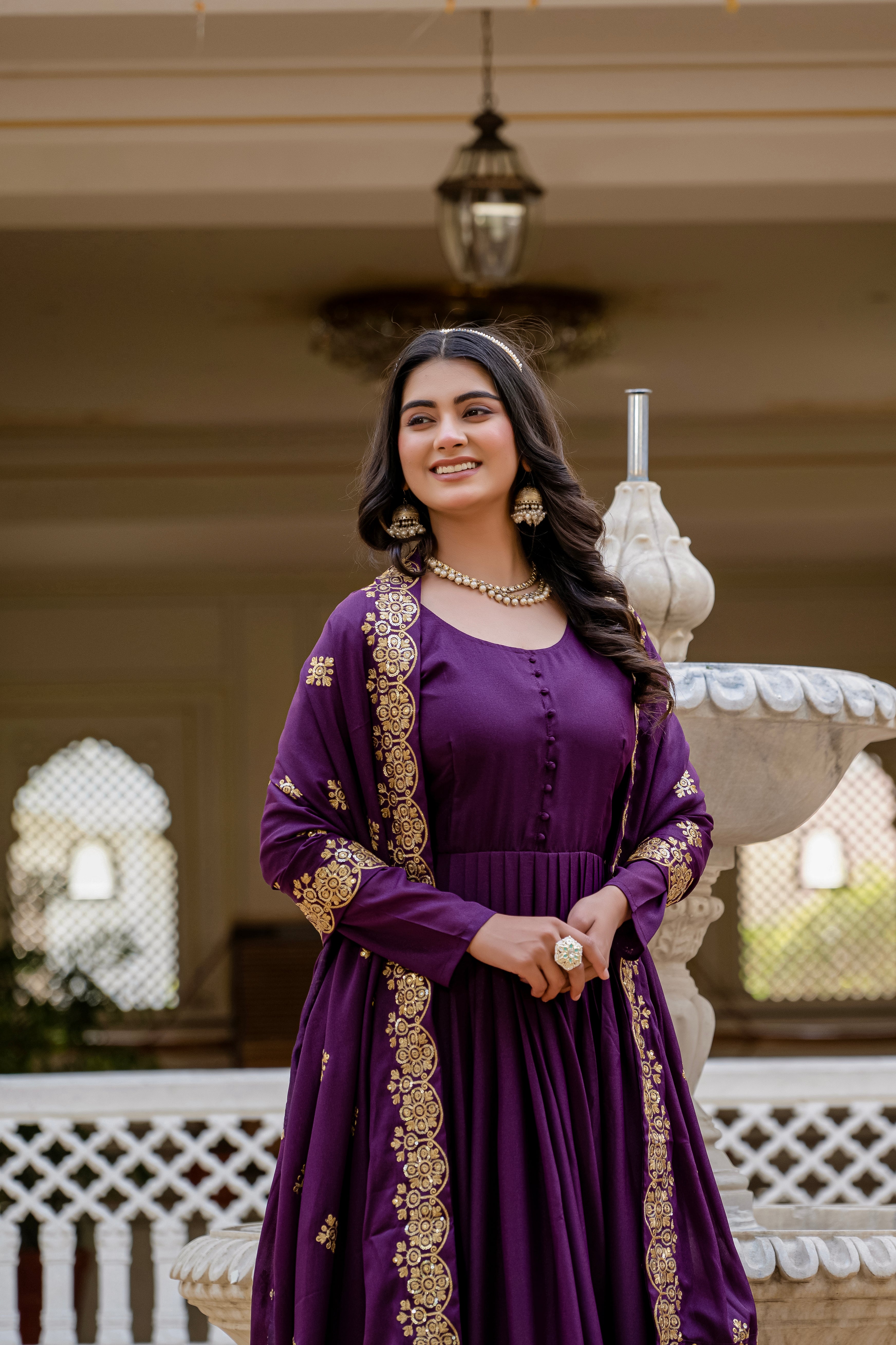 Wine Color Star Georgette Sequins Embroidered Gown with Dupatta