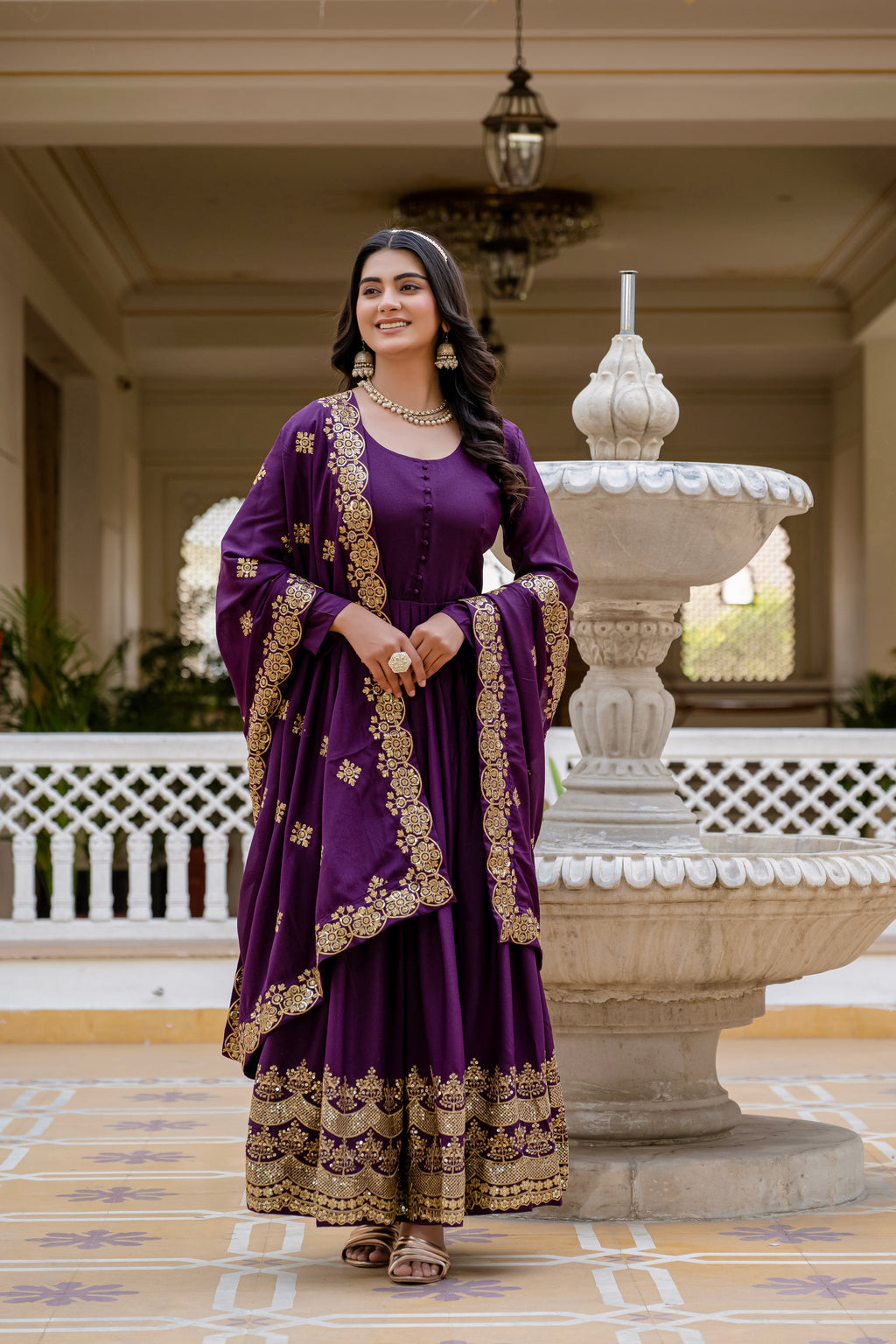 Wine Color Star Georgette Sequins Embroidered Gown with Dupatta