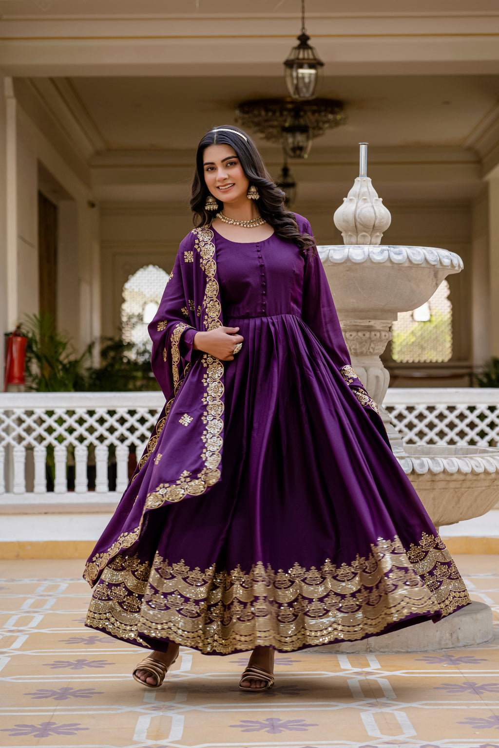 Wine Color Star Georgette Sequins Embroidered Gown with Dupatta