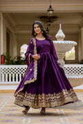 Wine Color Star Georgette Sequins Embroidered Gown with Dupatta